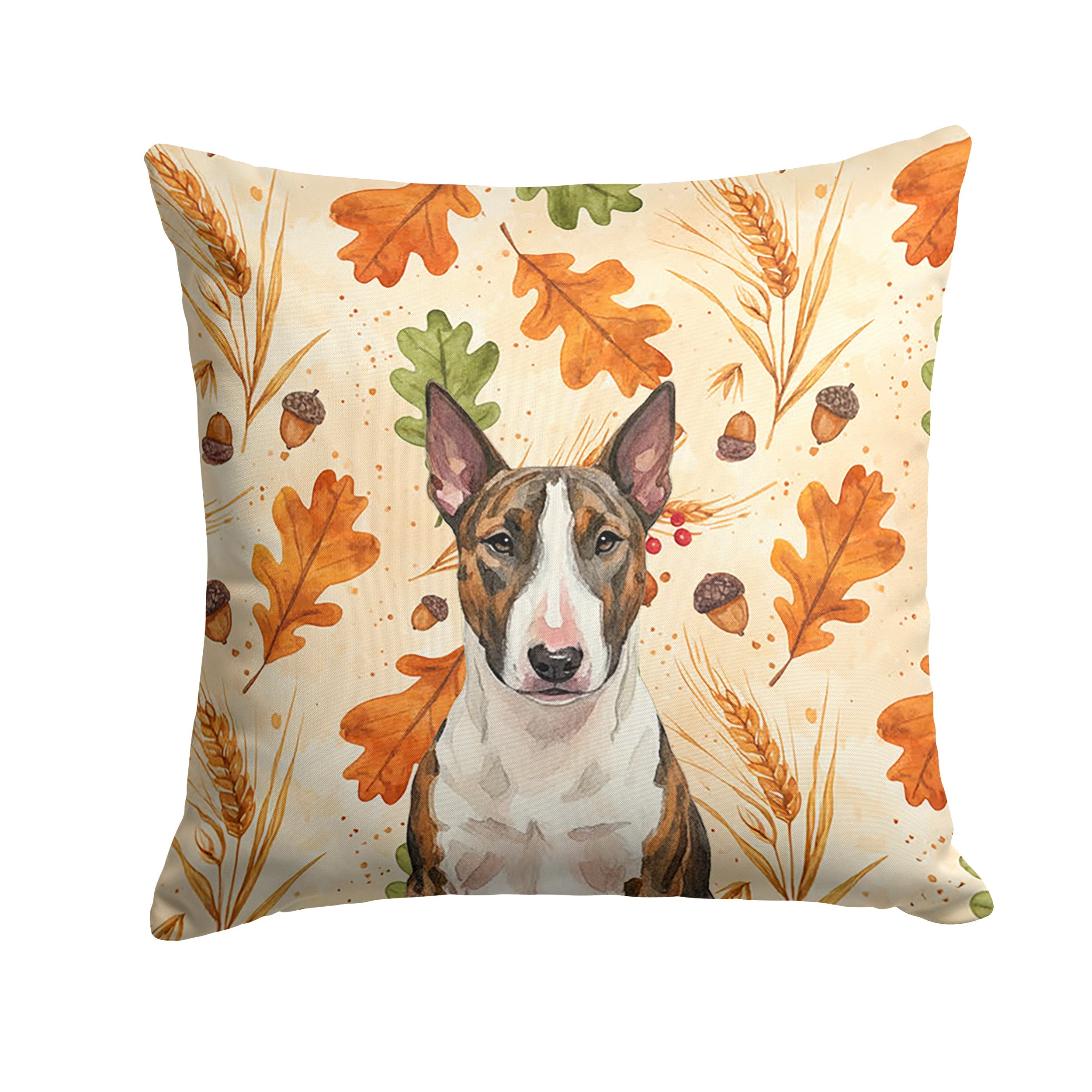 Brindle and White Bull Terrier Heirloom Fall Decorative Throw Pillow 14x14 Indoor Outdoor Accent Cushion, Fabric Cover with Insert for Sofa, Bed, Porch & Living Room