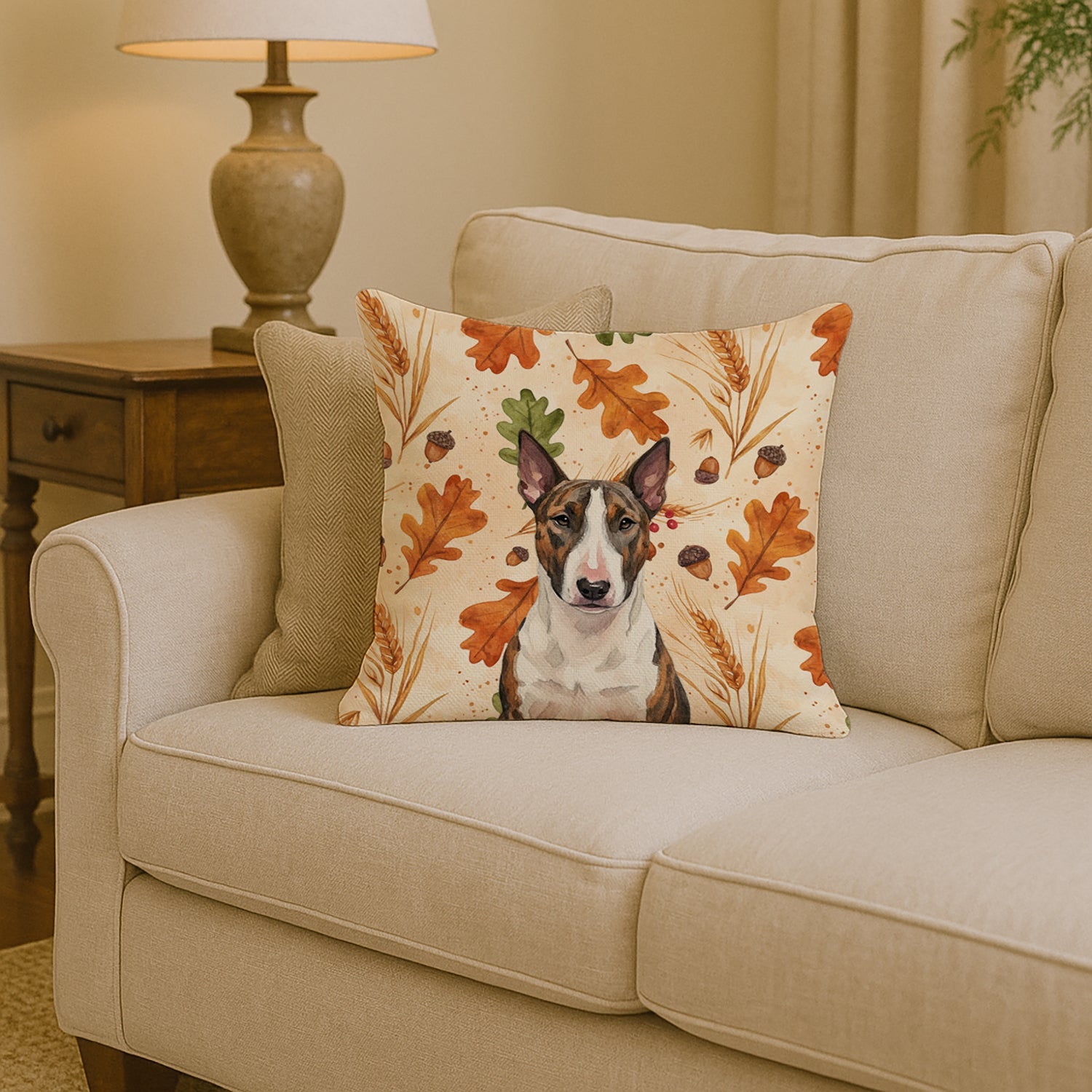 Brindle and White Bull Terrier Heirloom Fall Decorative Throw Pillow 14x14 Indoor Outdoor Accent Cushion, Fabric Cover with Insert for Sofa, Bed, Porch & Living Room