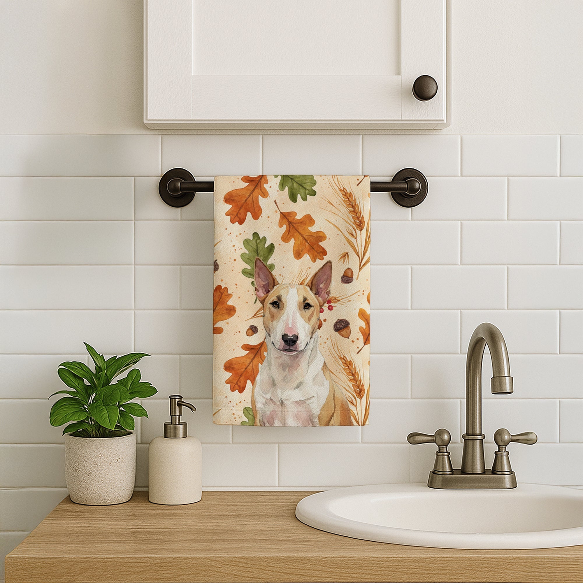 Fawn and White Bull Terrier Heirloom Fall Kitchen Towel Velour Plush Front and Cotton Loop Back Machine Washable