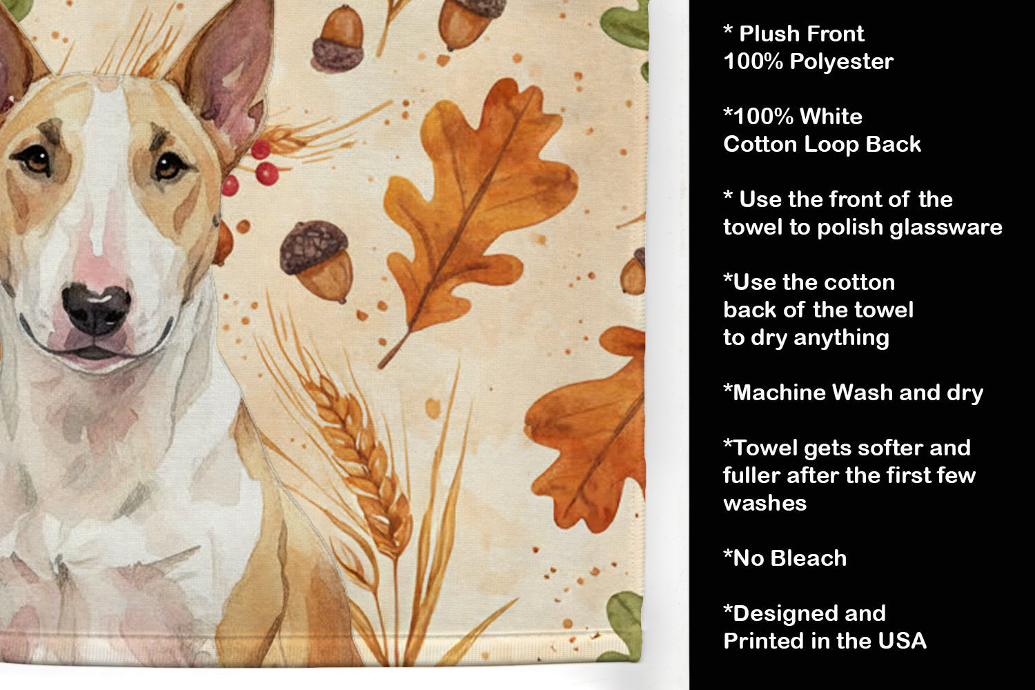 Fawn and White Bull Terrier Heirloom Fall Kitchen Towel Velour Plush Front and Cotton Loop Back Machine Washable