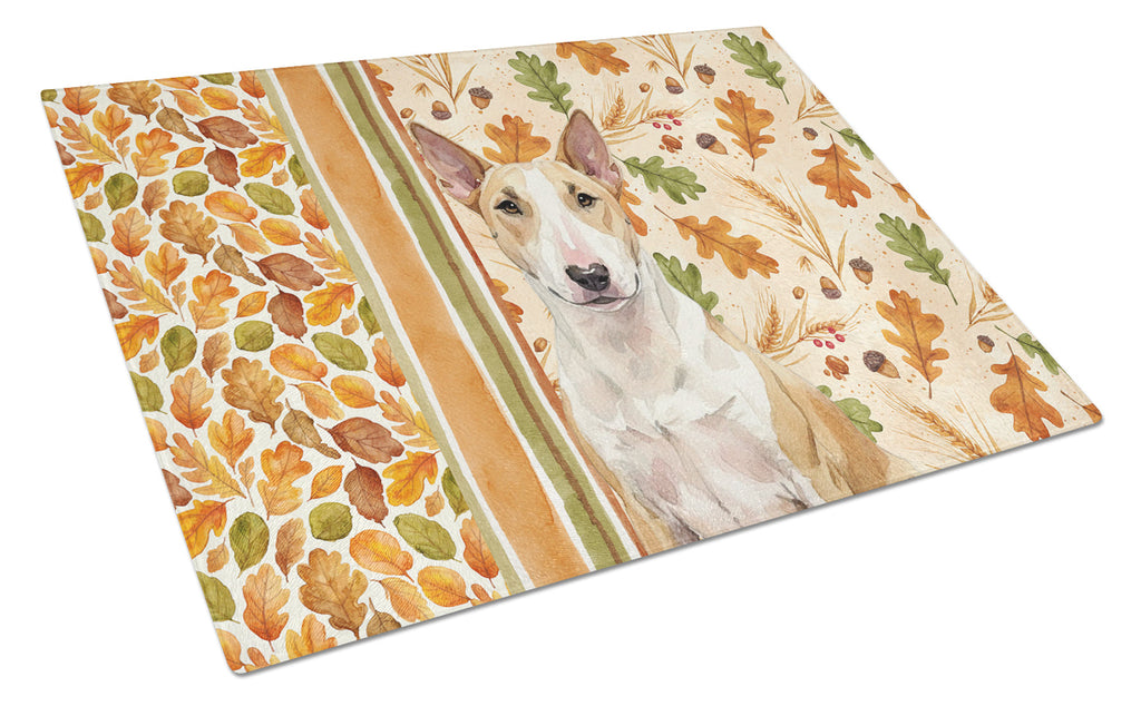 Fawn and White Bull Terrier Heirloom Fall Cutting Board Tempered Glass Kitchen Cutting Surface, Heat Resistant Chopping, Non-Slip Feet, Food Prep & Serving