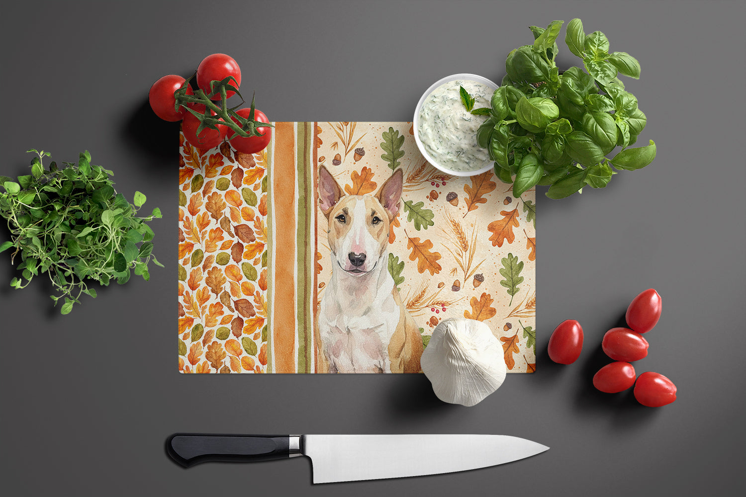 Fawn and White Bull Terrier Heirloom Fall Cutting Board Tempered Glass Kitchen Cutting Surface, Heat Resistant Chopping, Non-Slip Feet, Food Prep & Serving