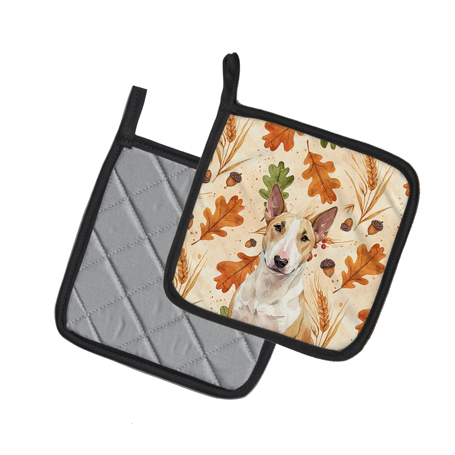 Fawn and White Bull Terrier Heirloom Fall Pot Holder Set of 2 Heat Resistant Quilted Hot Pads 7.5 x 7.5 Inch, Insulated Kitchen Trivets for Cooking & Baking