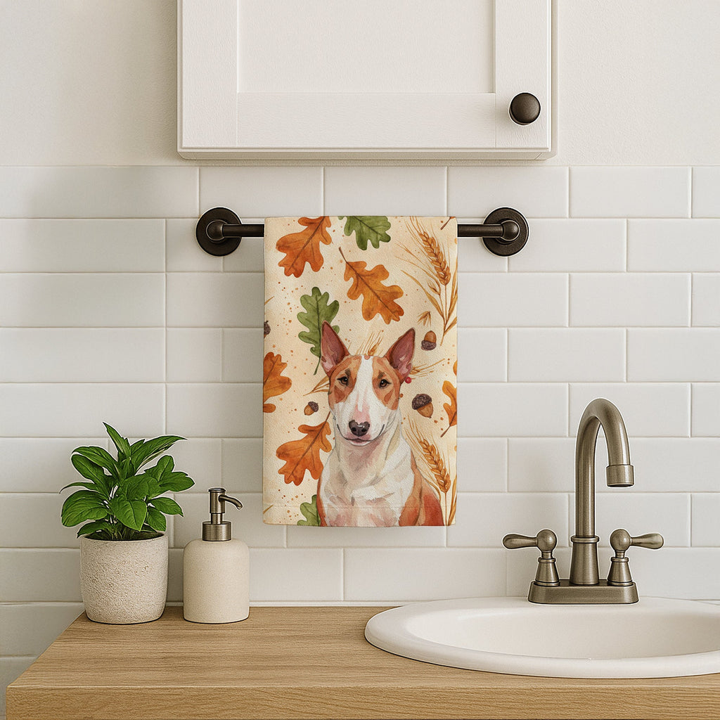 Red and White Bull Terrier Heirloom Fall Kitchen Towel Velour Plush Front and Cotton Loop Back Machine Washable