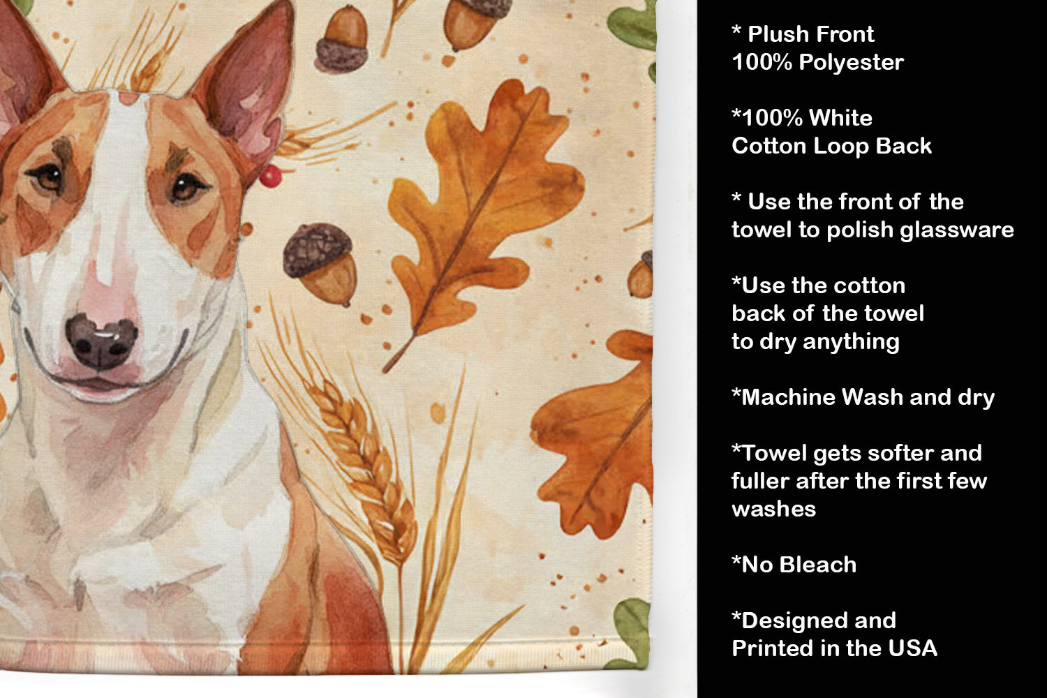 Red and White Bull Terrier Heirloom Fall Kitchen Towel Velour Plush Front and Cotton Loop Back Machine Washable