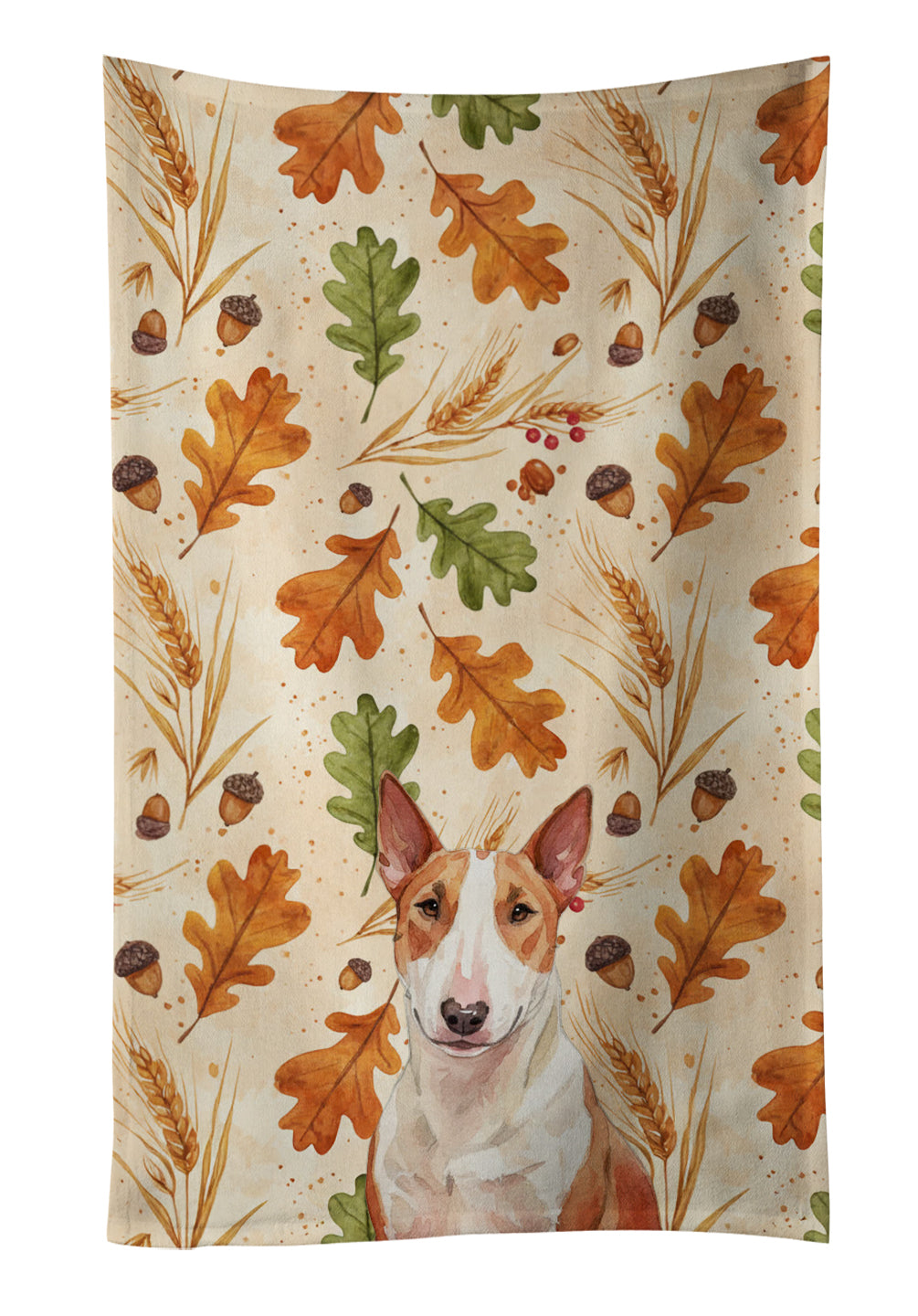 Red and White Bull Terrier Heirloom Fall Kitchen Towel Velour Plush Front and Cotton Loop Back Machine Washable