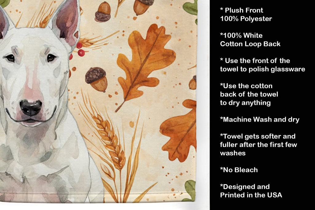 White Bull Terrier Heirloom Fall Kitchen Towel Velour Plush Front and Cotton Loop Back Machine Washable