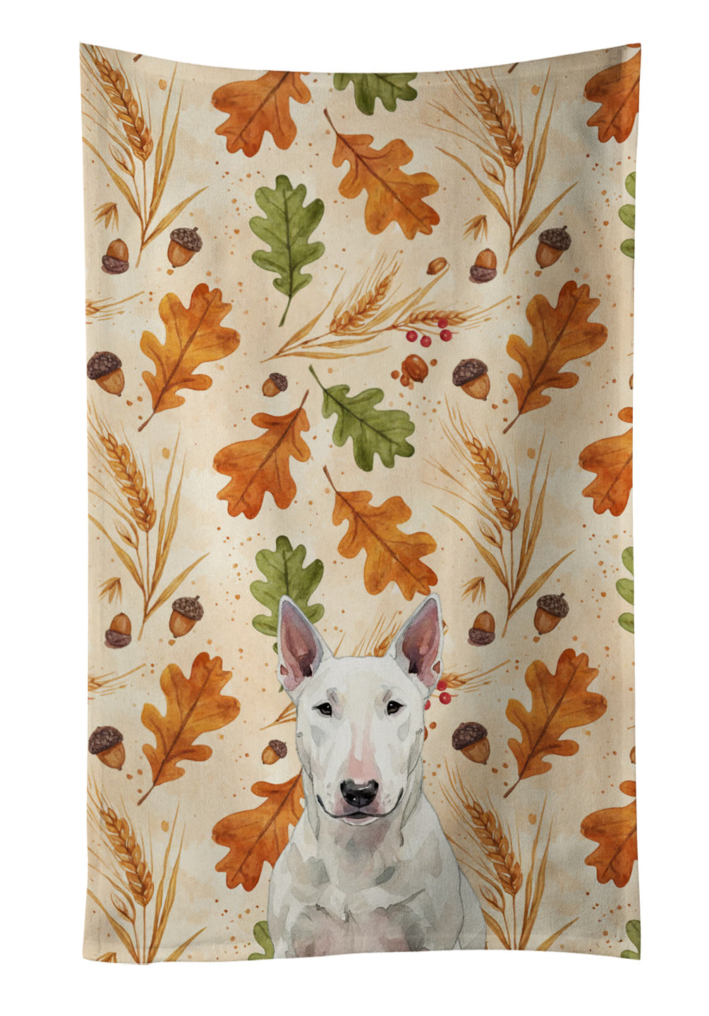 White Bull Terrier Heirloom Fall Kitchen Towel Velour Plush Front and Cotton Loop Back Machine Washable