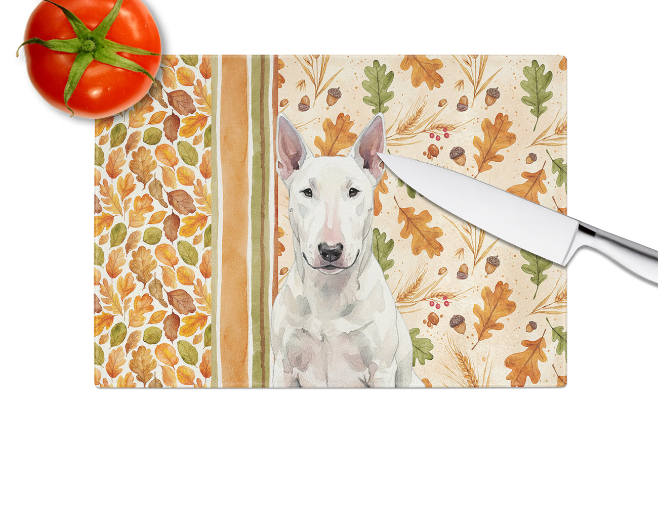 White Bull Terrier Heirloom Fall Cutting Board Tempered Glass Kitchen Cutting Surface, Heat Resistant Chopping, Non-Slip Feet, Food Prep & Serving