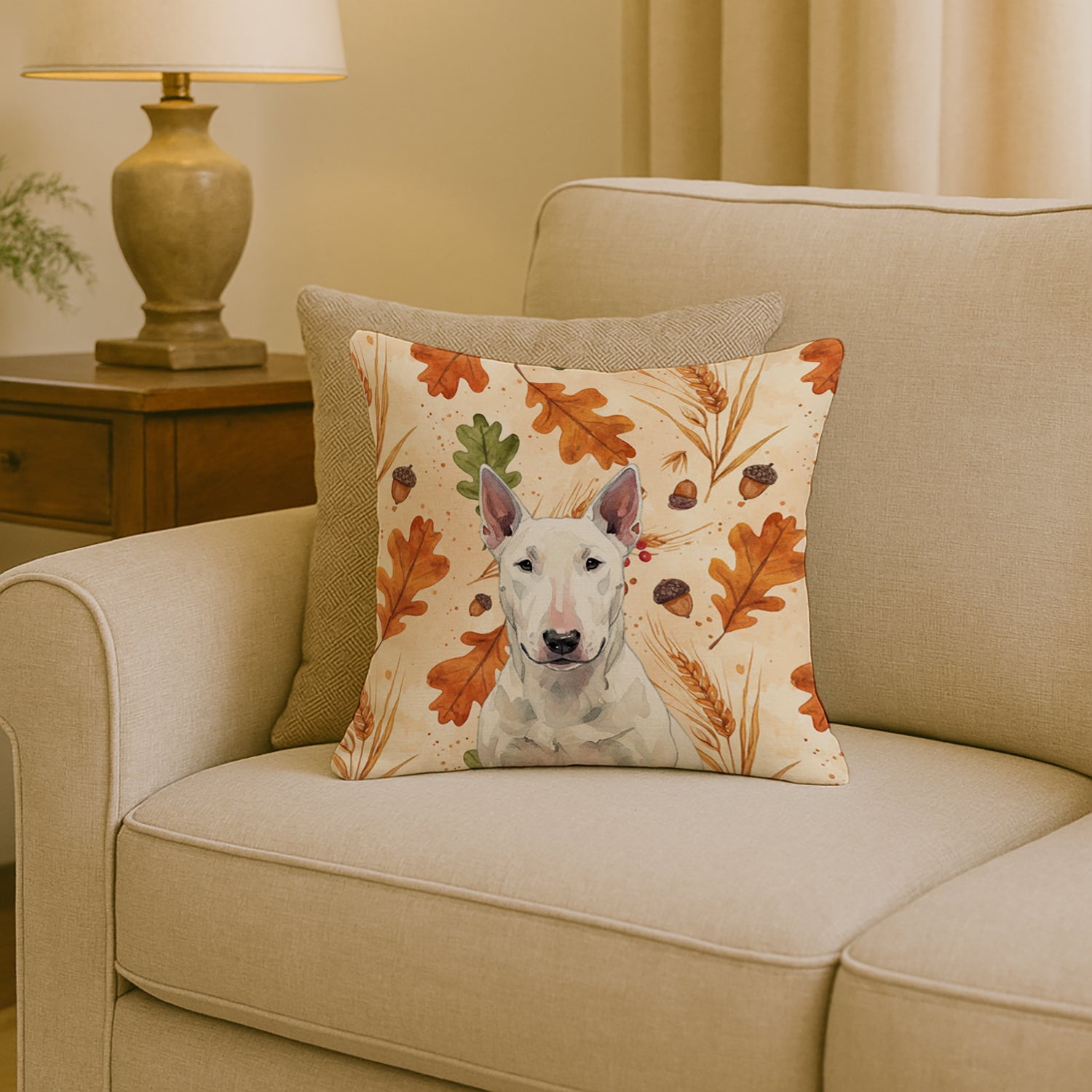 White Bull Terrier Heirloom Fall Decorative Throw Pillow 18x18 Indoor Outdoor Accent Cushion, Fabric Cover with Insert for Sofa, Bed, Porch & Living Room