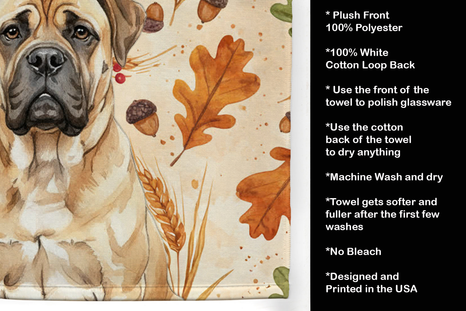 Bullmastiff Heirloom Fall Kitchen Towel Velour Plush Front and Cotton Loop Back Machine Washable