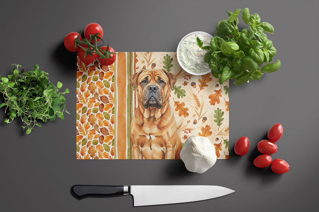 Red Bullmastiff Heirloom Fall Cutting Board Tempered Glass Kitchen Cutting Surface, Heat Resistant Chopping, Non-Slip Feet, Food Prep & Serving