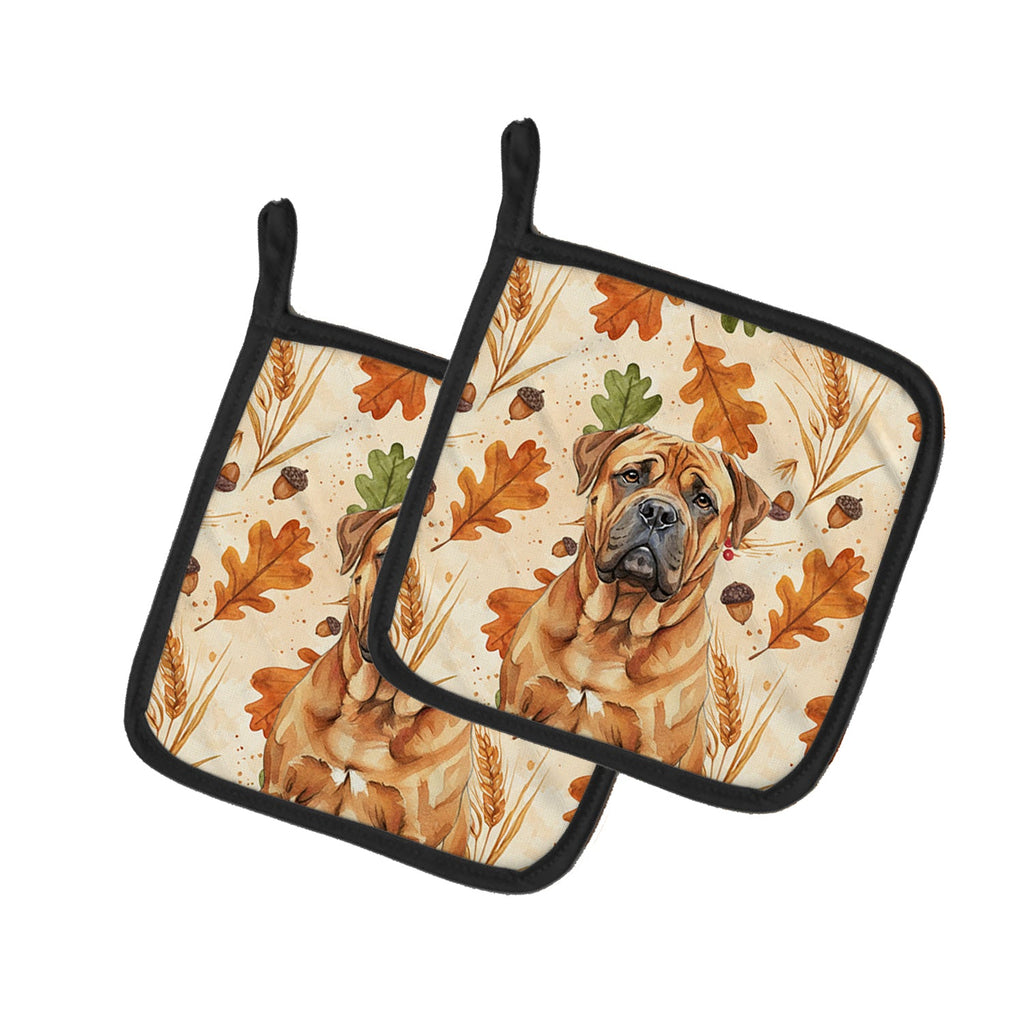 Red Bullmastiff Heirloom Fall Pot Holder Set of 2 Heat Resistant Quilted Hot Pads 7.5 x 7.5 Inch, Insulated Kitchen Trivets for Cooking & Baking