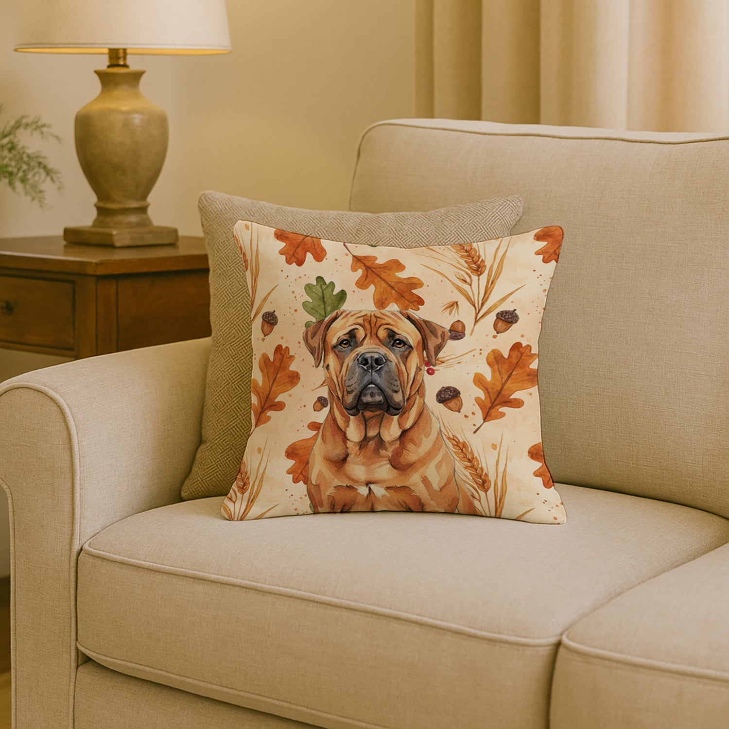 Red Bullmastiff Heirloom Fall Decorative Throw Pillow 18x18 Indoor Outdoor Accent Cushion, Fabric Cover with Insert for Sofa, Bed, Porch & Living Room