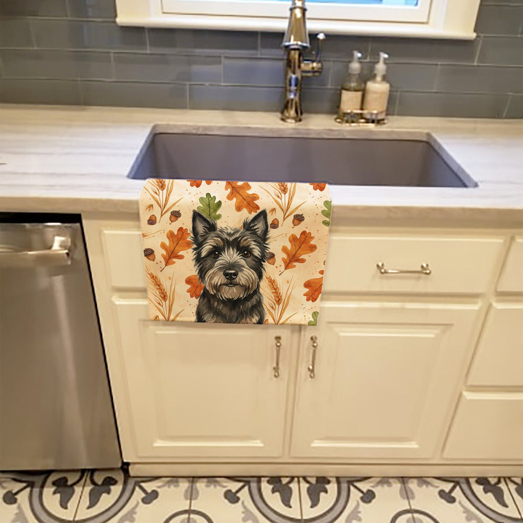 Black Cairn Terrier Heirloom Fall Kitchen Towel Velour Plush Front and Cotton Loop Back Machine Washable