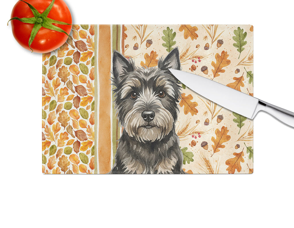 Black Cairn Terrier Heirloom Fall Cutting Board Tempered Glass Kitchen Cutting Surface, Heat Resistant Chopping, Non-Slip Feet, Food Prep & Serving