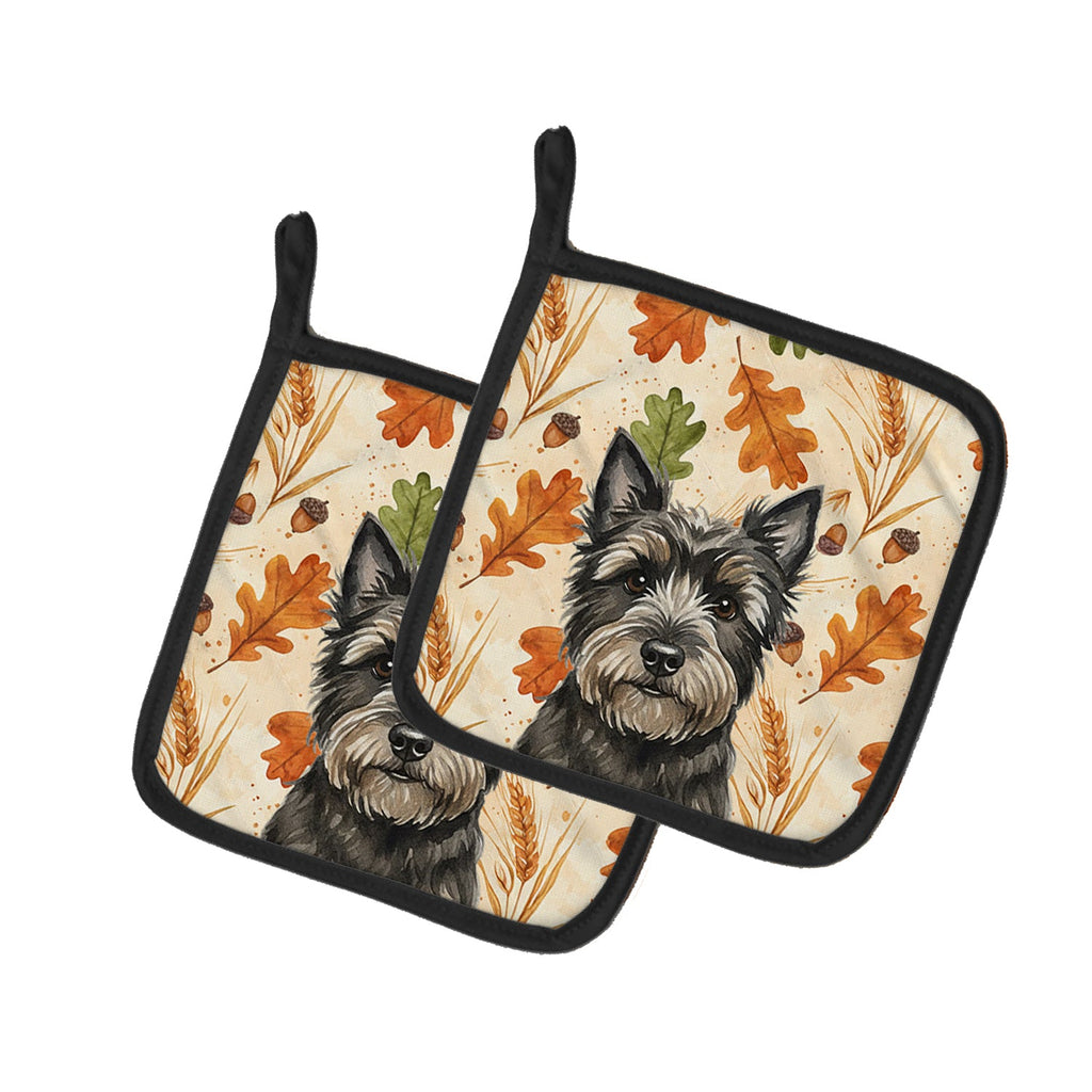 Black Cairn Terrier Heirloom Fall Pot Holder Set of 2 Heat Resistant Quilted Hot Pads 7.5 x 7.5 Inch, Insulated Kitchen Trivets for Cooking & Baking