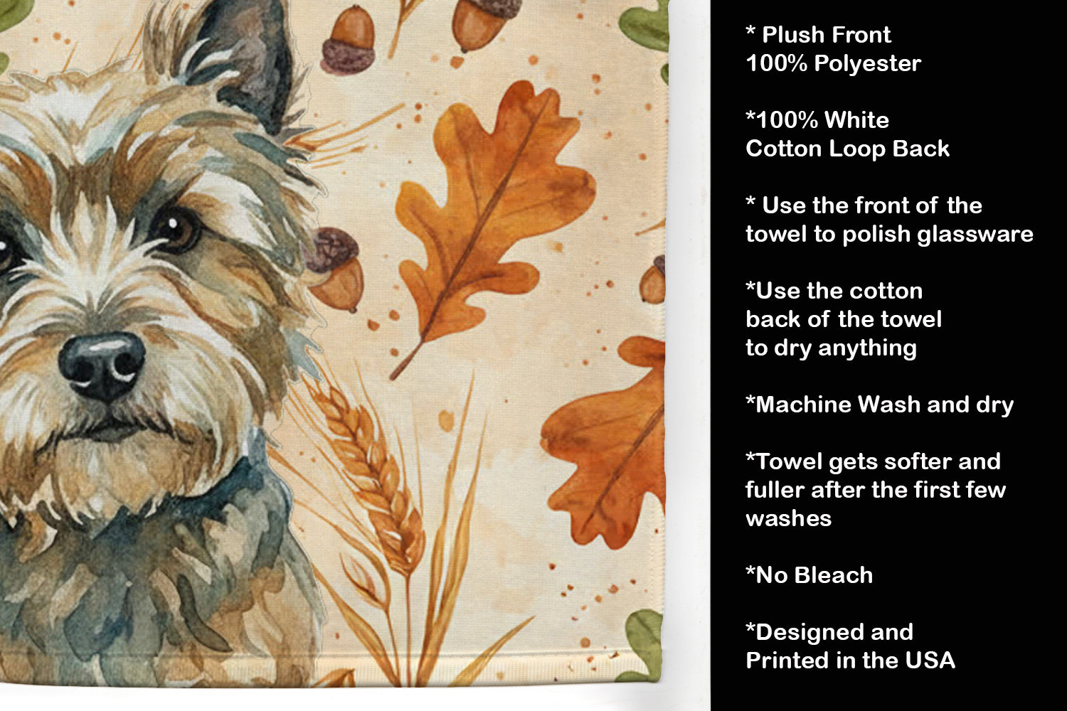 Cairn Terrier Heirloom Fall Kitchen Towel Velour Plush Front and Cotton Loop Back Machine Washable
