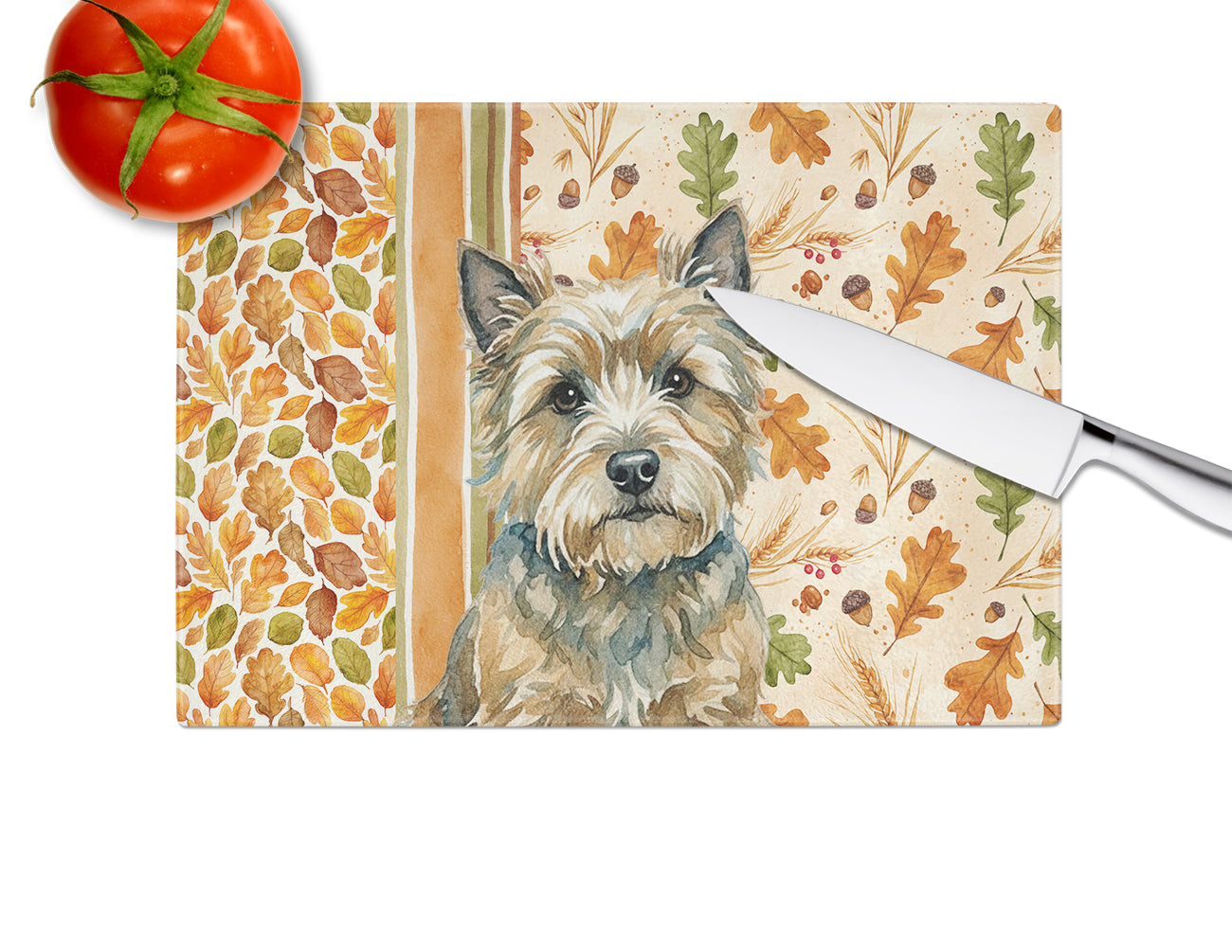 Cairn Terrier Heirloom Fall Cutting Board Tempered Glass Kitchen Cutting Surface, Heat Resistant Chopping, Non-Slip Feet, Food Prep & Serving