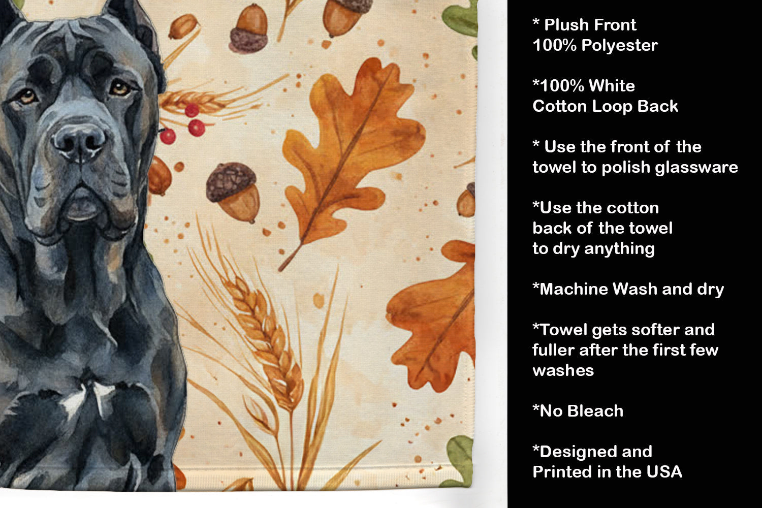 Cane Corso Heirloom Fall Kitchen Towel Velour Plush Front and Cotton Loop Back Machine Washable