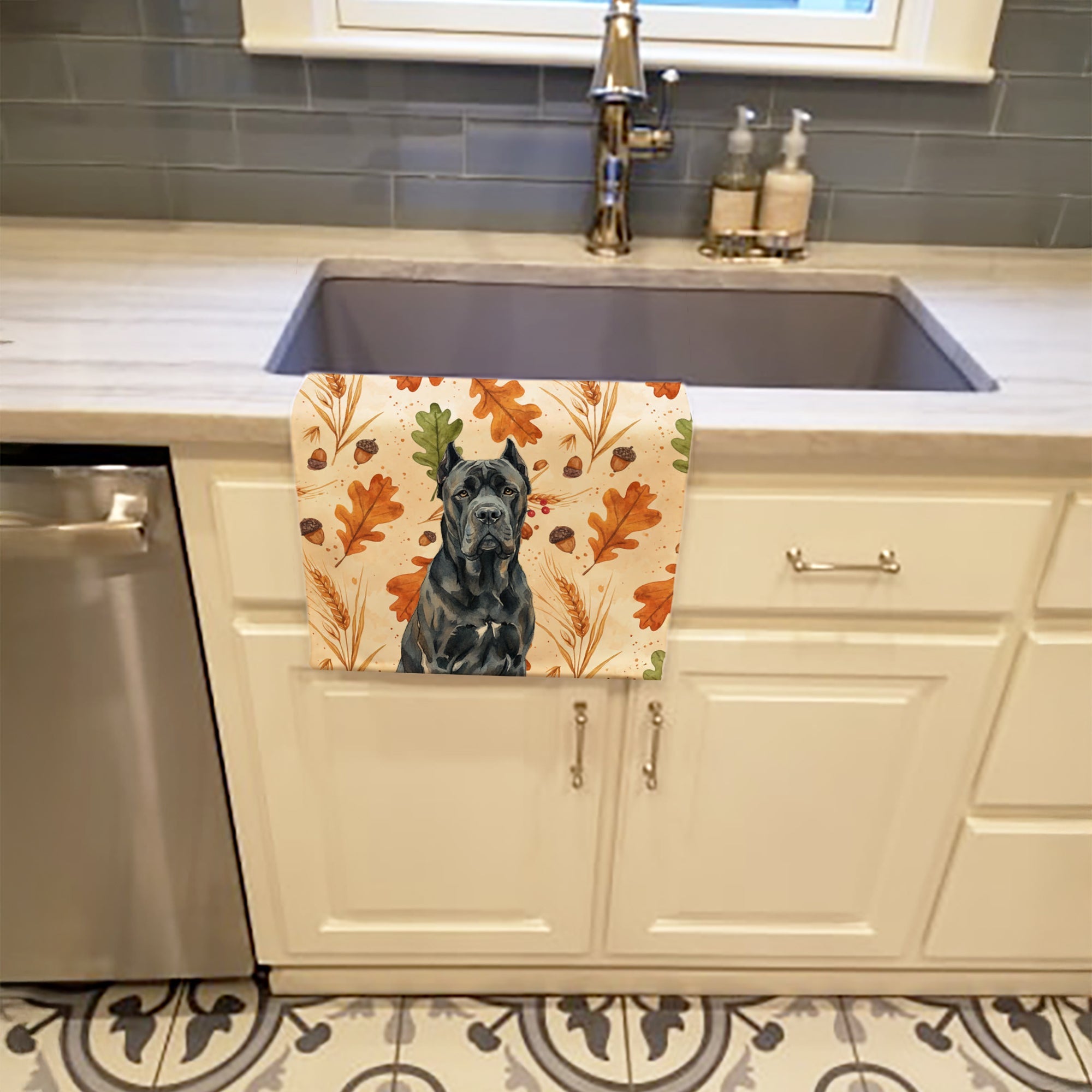 Cane Corso Heirloom Fall Kitchen Towel Velour Plush Front and Cotton Loop Back Machine Washable