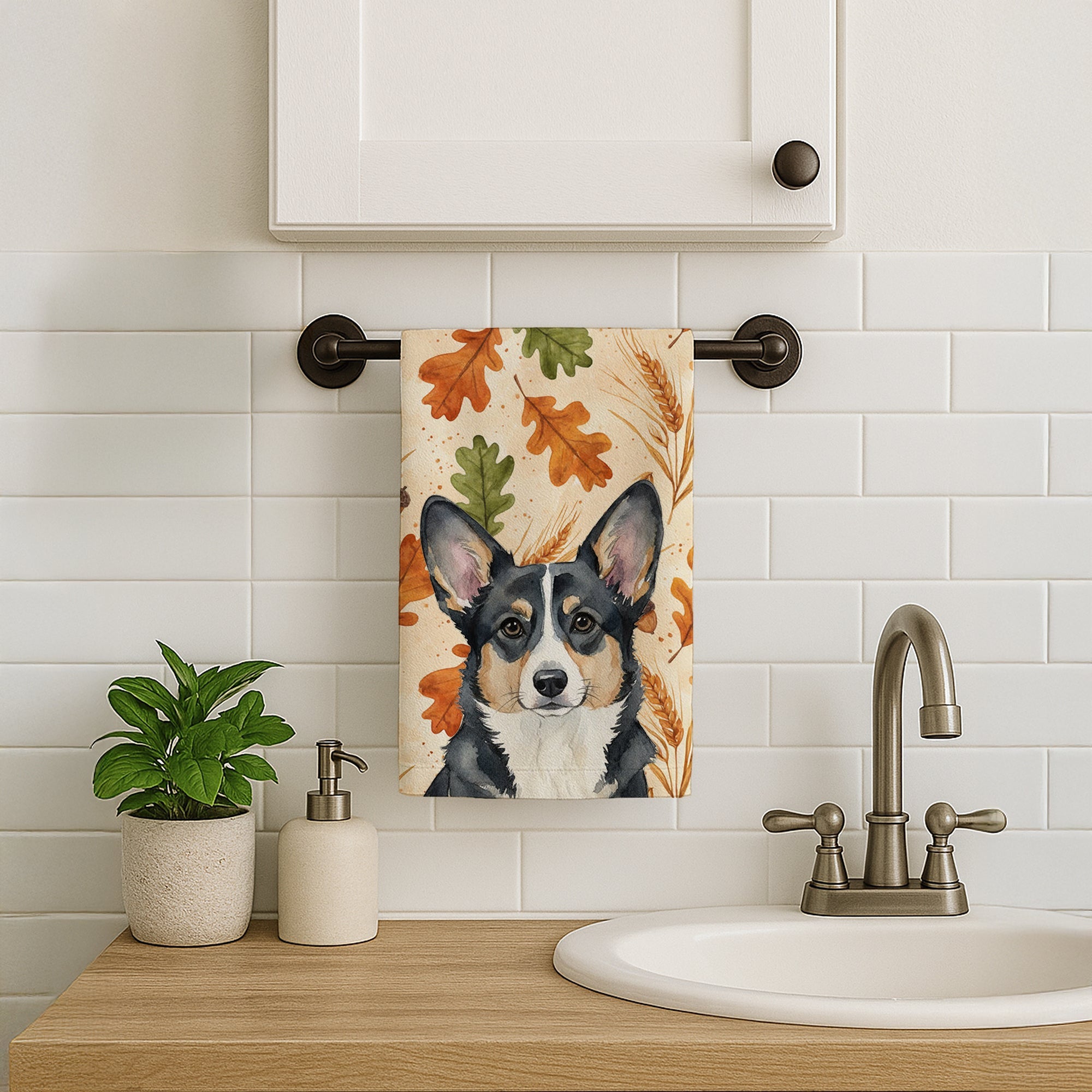 Black and White Cardigan Welsh Corgi Heirloom Fall Kitchen Towel Velour Plush Front and Cotton Loop Back Machine Washable