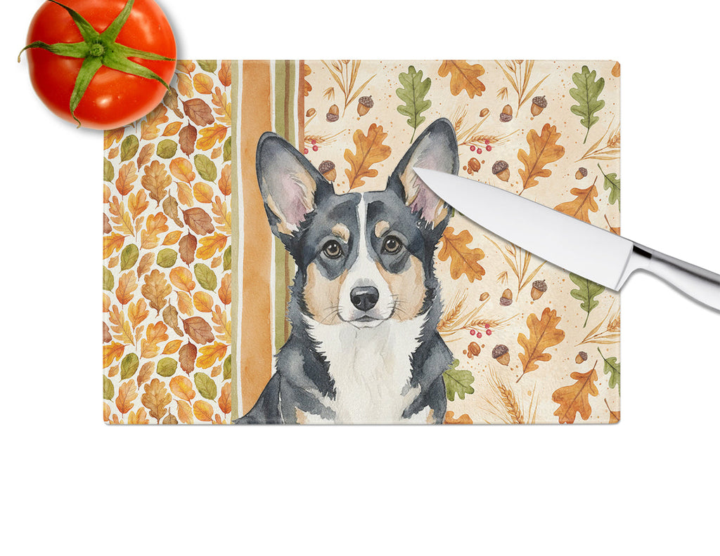 Black and White Cardigan Welsh Corgi Heirloom Fall Cutting Board Tempered Glass Kitchen Cutting Surface, Heat Resistant Chopping, Non-Slip Feet, Food Prep & Serving