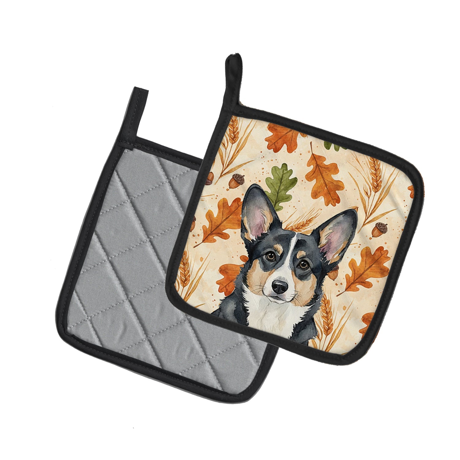 Black and White Cardigan Welsh Corgi Heirloom Fall Pot Holder Set of 2 Heat Resistant Quilted Hot Pads 7.5 x 7.5 Inch, Insulated Kitchen Trivets for Cooking & Baking