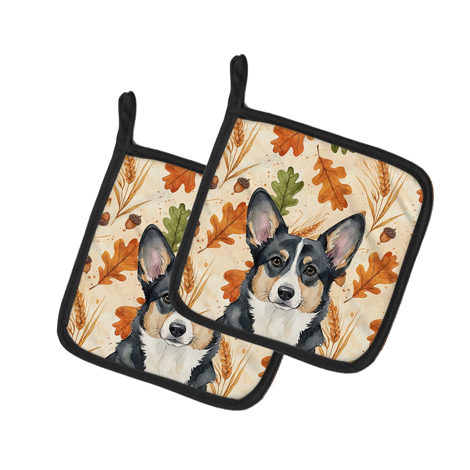 Black and White Cardigan Welsh Corgi Heirloom Fall Pot Holder Set of 2 Heat Resistant Quilted Hot Pads 7.5 x 7.5 Inch, Insulated Kitchen Trivets for Cooking & Baking