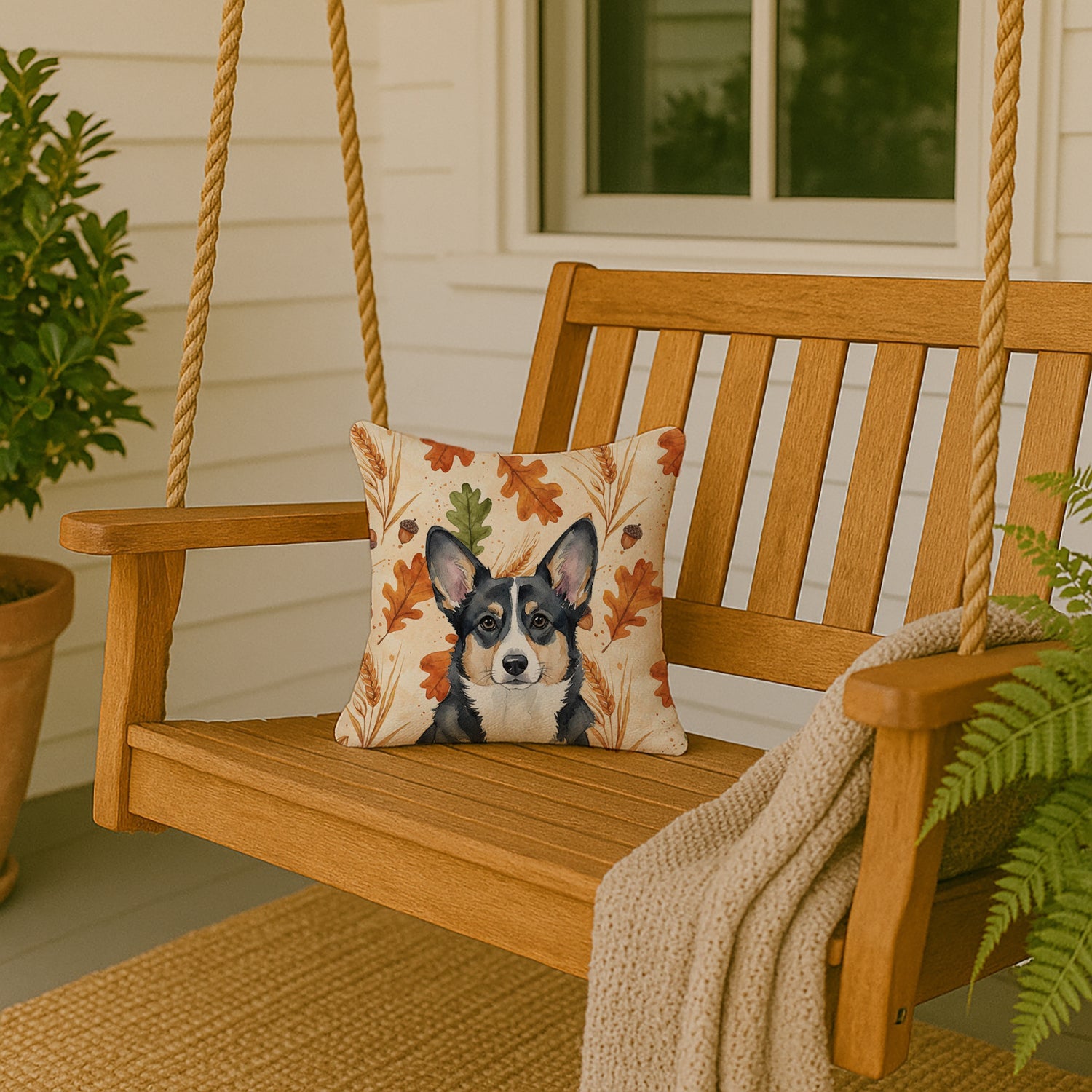 Black and White Cardigan Welsh Corgi Heirloom Fall Decorative Throw Pillow 14x14 Indoor Outdoor Accent Cushion, Fabric Cover with Insert for Sofa, Bed, Porch & Living Room
