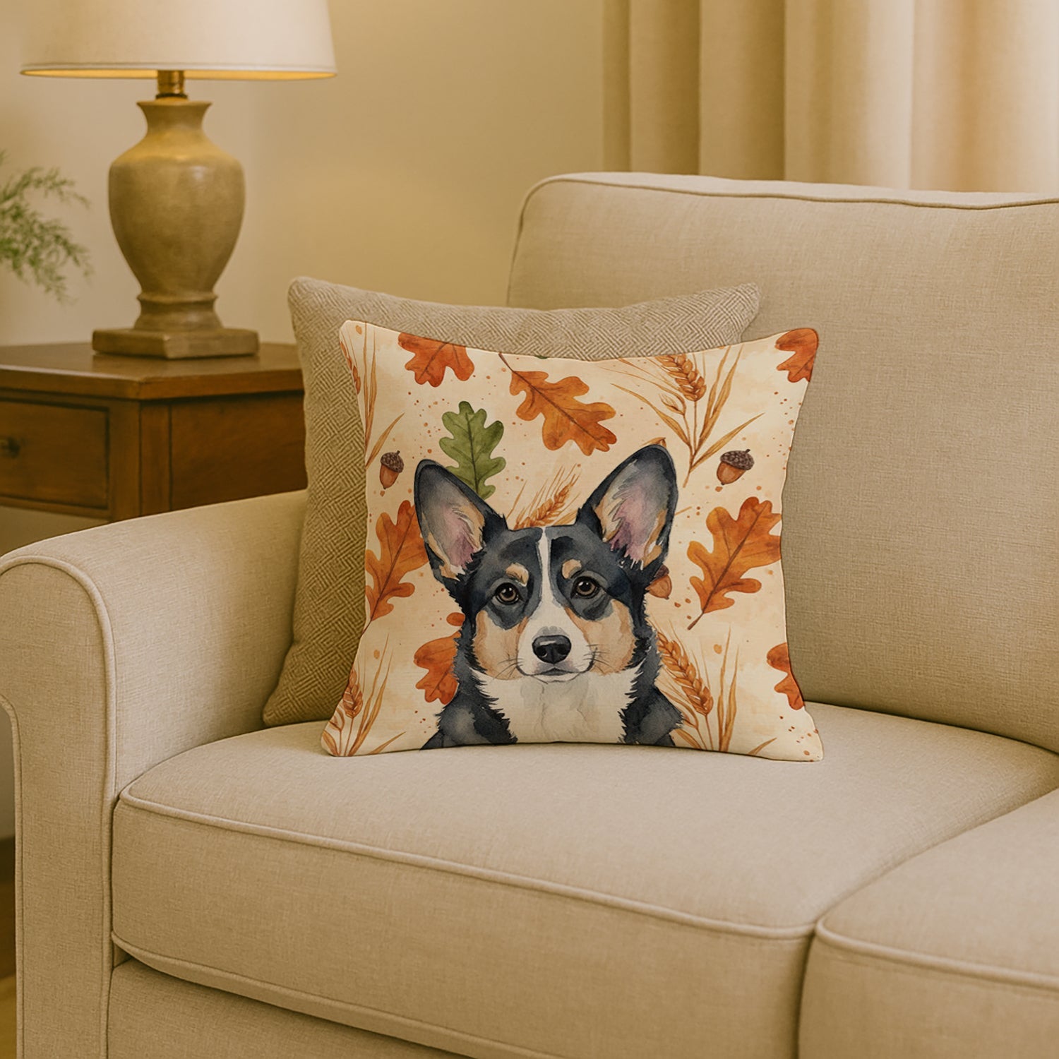 Black and White Cardigan Welsh Corgi Heirloom Fall Decorative Throw Pillow 18x18 Indoor Outdoor Accent Cushion, Fabric Cover with Insert for Sofa, Bed, Porch & Living Room