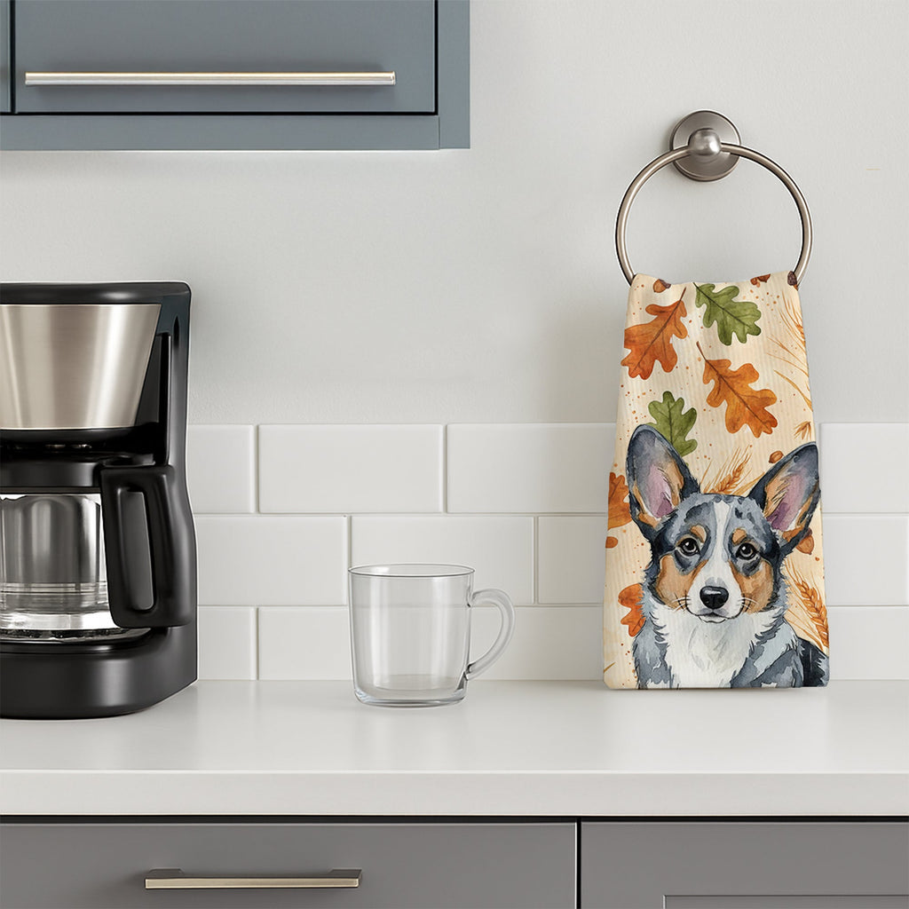 Blue Merle Cardigan Welsh Corgi Heirloom Fall Kitchen Towel Velour Plush Front and Cotton Loop Back Machine Washable