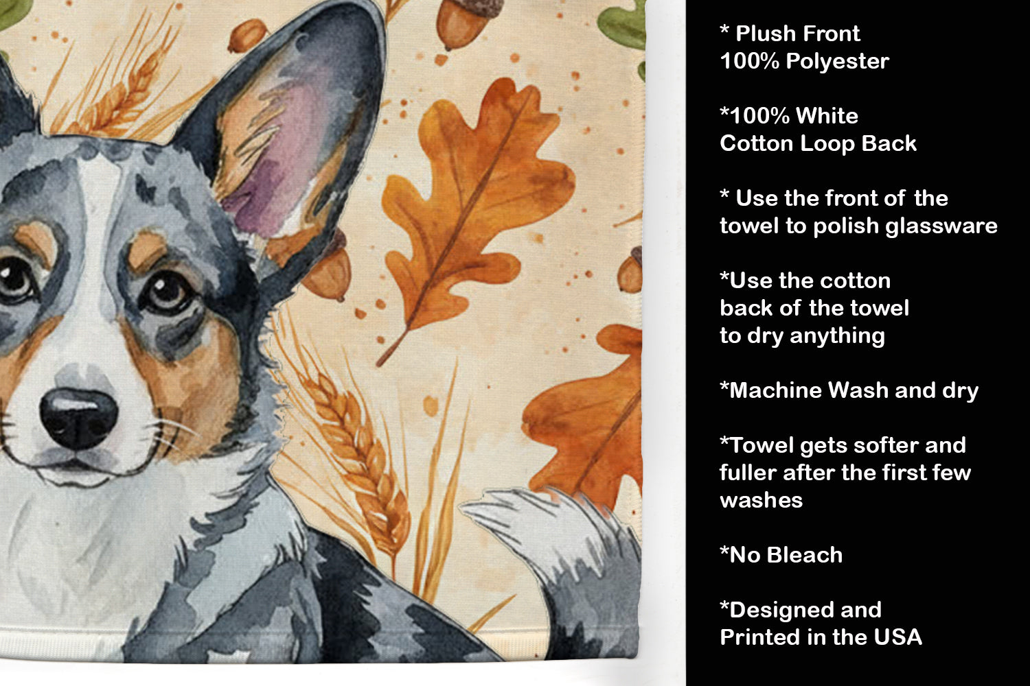 Blue Merle Cardigan Welsh Corgi Heirloom Fall Kitchen Towel Velour Plush Front and Cotton Loop Back Machine Washable