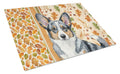Blue Merle Cardigan Welsh Corgi Heirloom Fall Cutting Board Tempered Glass Kitchen Cutting Surface, Heat Resistant Chopping, Non-Slip Feet, Food Prep & Serving