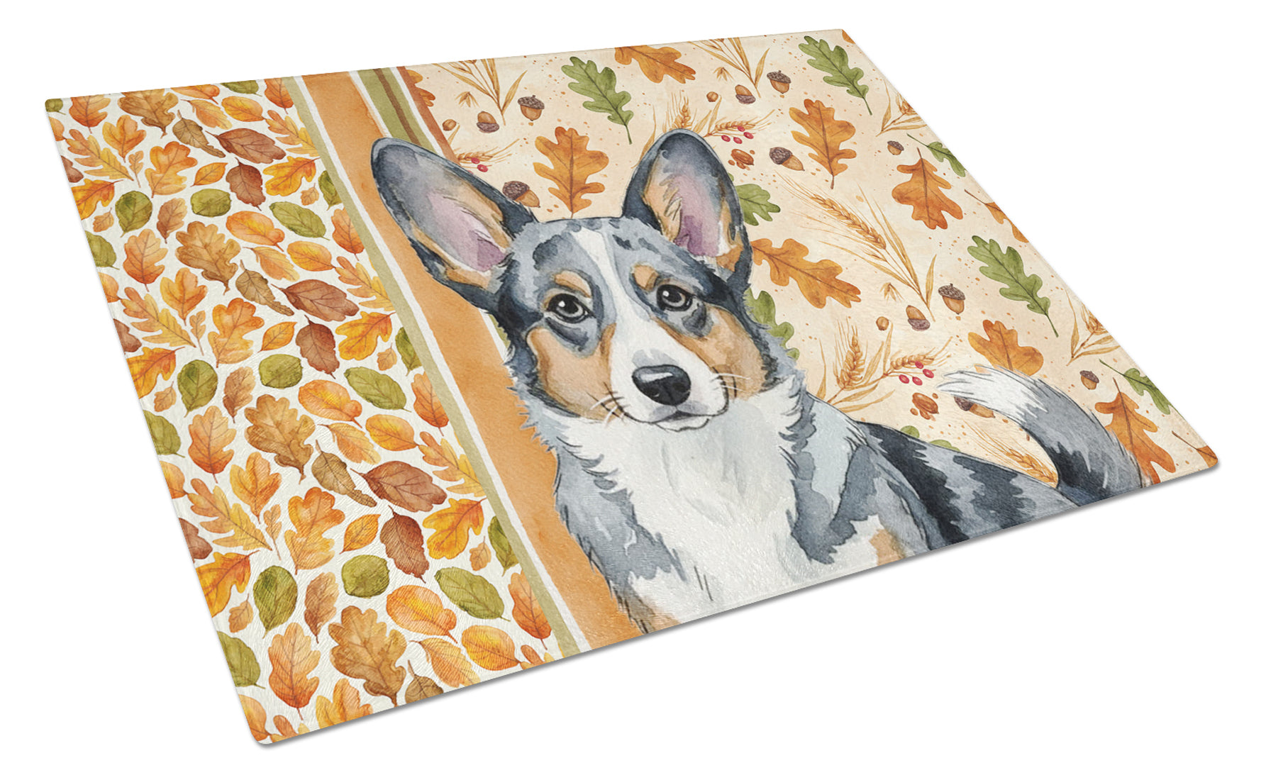 Blue Merle Cardigan Welsh Corgi Heirloom Fall Cutting Board Tempered Glass Kitchen Cutting Surface, Heat Resistant Chopping, Non-Slip Feet, Food Prep & Serving