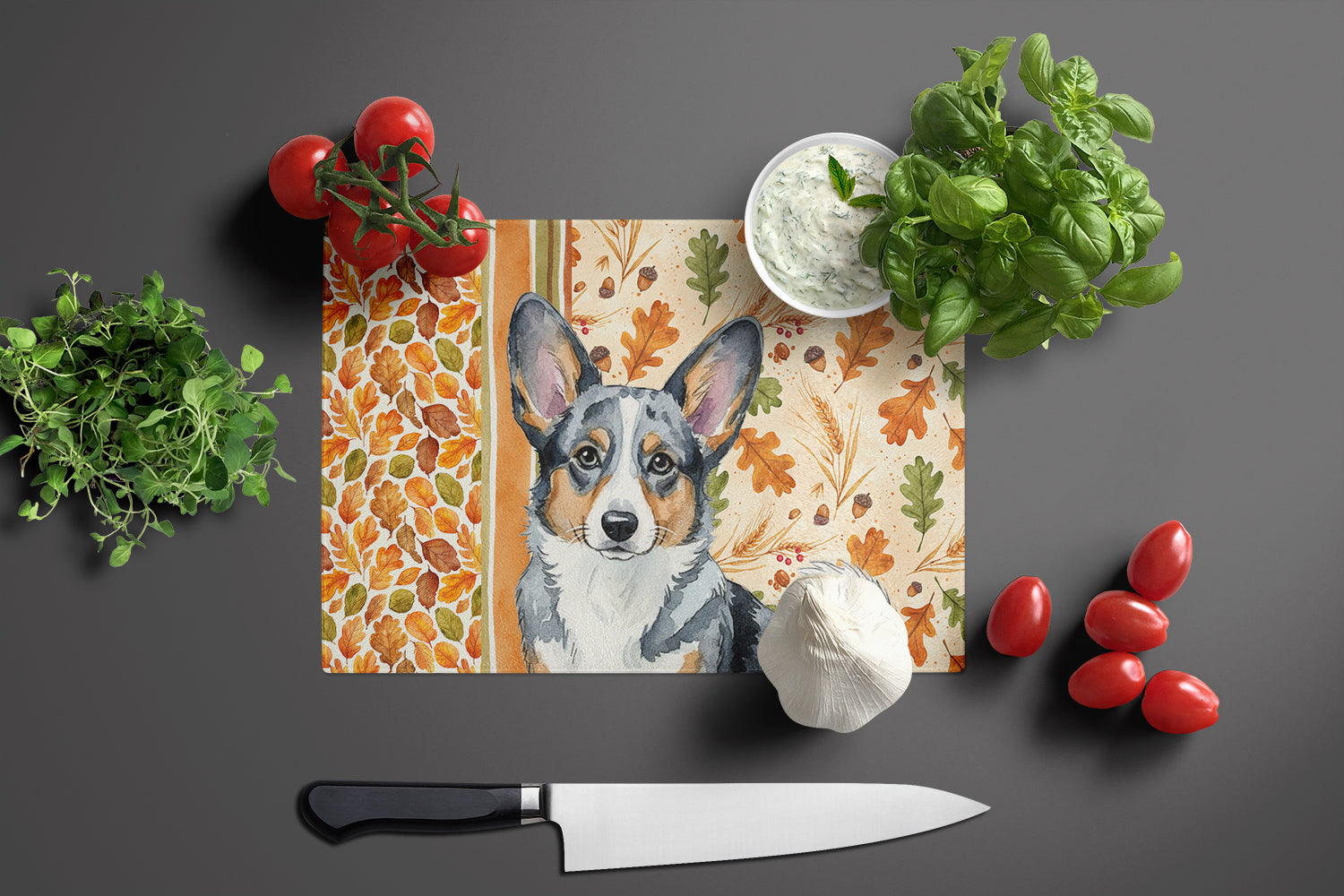 Blue Merle Cardigan Welsh Corgi Heirloom Fall Cutting Board Tempered Glass Kitchen Cutting Surface, Heat Resistant Chopping, Non-Slip Feet, Food Prep & Serving