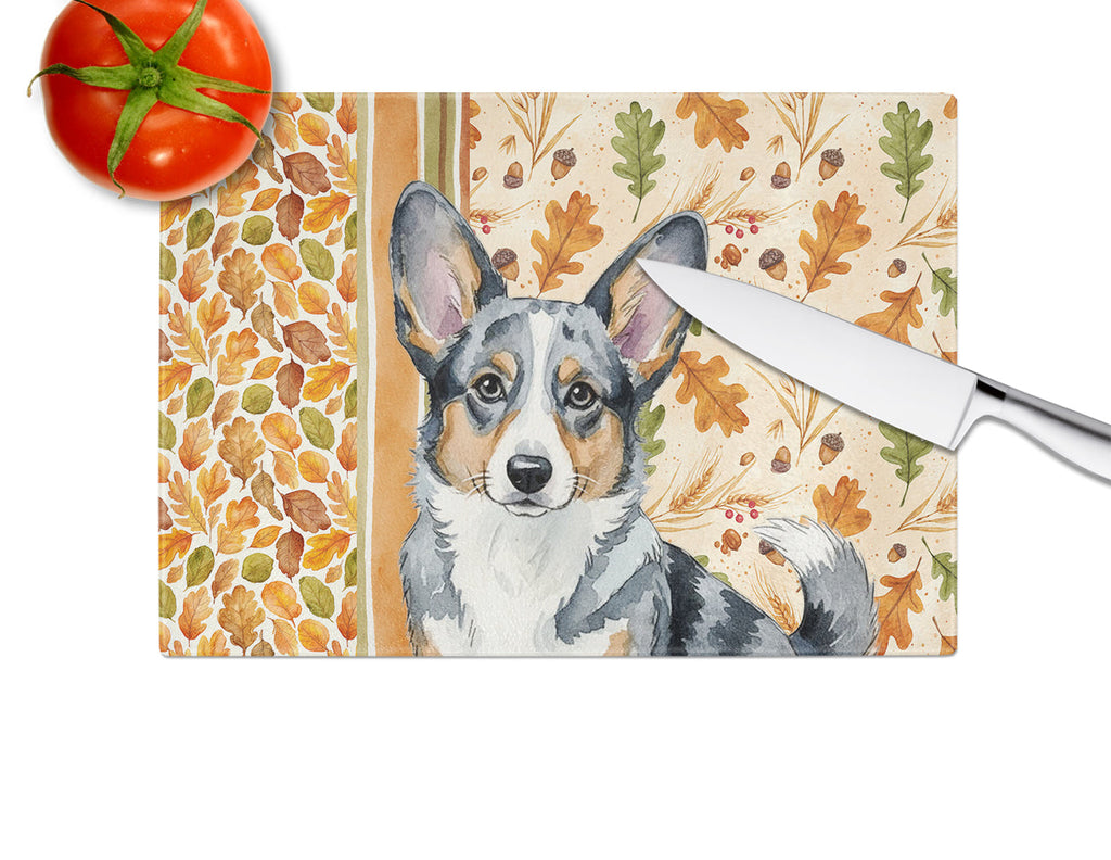 Blue Merle Cardigan Welsh Corgi Heirloom Fall Cutting Board Tempered Glass Kitchen Cutting Surface, Heat Resistant Chopping, Non-Slip Feet, Food Prep & Serving