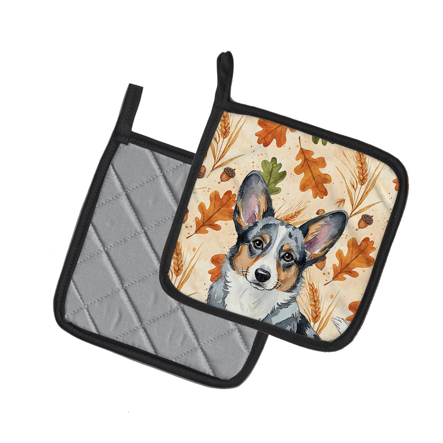 Blue Merle Cardigan Welsh Corgi Heirloom Fall Pot Holder Set of 2 Heat Resistant Quilted Hot Pads 7.5 x 7.5 Inch, Insulated Kitchen Trivets for Cooking & Baking