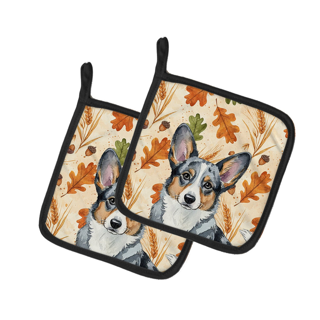 Blue Merle Cardigan Welsh Corgi Heirloom Fall Pot Holder Set of 2 Heat Resistant Quilted Hot Pads 7.5 x 7.5 Inch, Insulated Kitchen Trivets for Cooking & Baking
