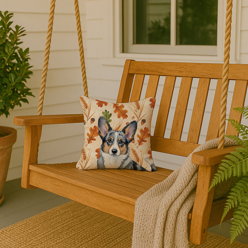 Blue Merle Cardigan Welsh Corgi Heirloom Fall Decorative Throw Pillow 14x14 Indoor Outdoor Accent Cushion, Fabric Cover with Insert for Sofa, Bed, Porch & Living Room