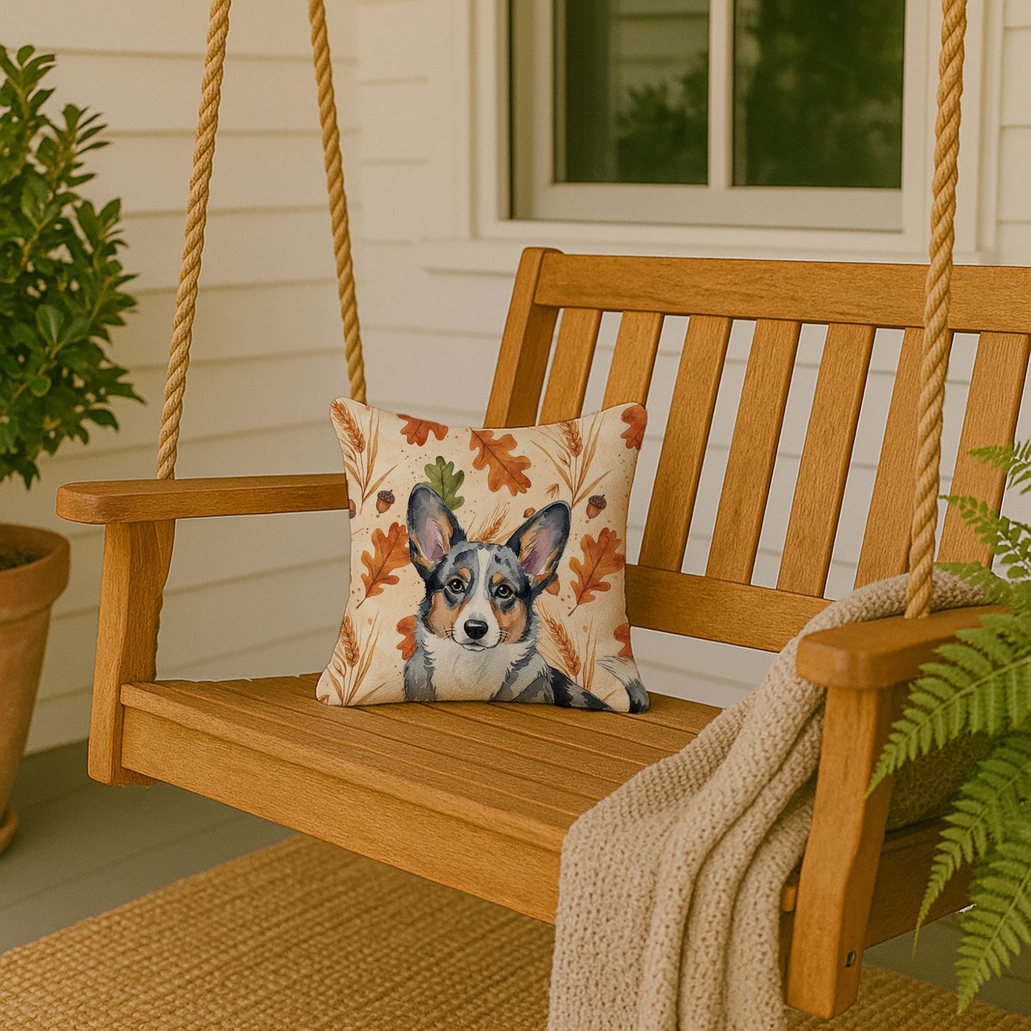 Blue Merle Cardigan Welsh Corgi Heirloom Fall Decorative Throw Pillow 14x14 Indoor Outdoor Accent Cushion, Fabric Cover with Insert for Sofa, Bed, Porch & Living Room