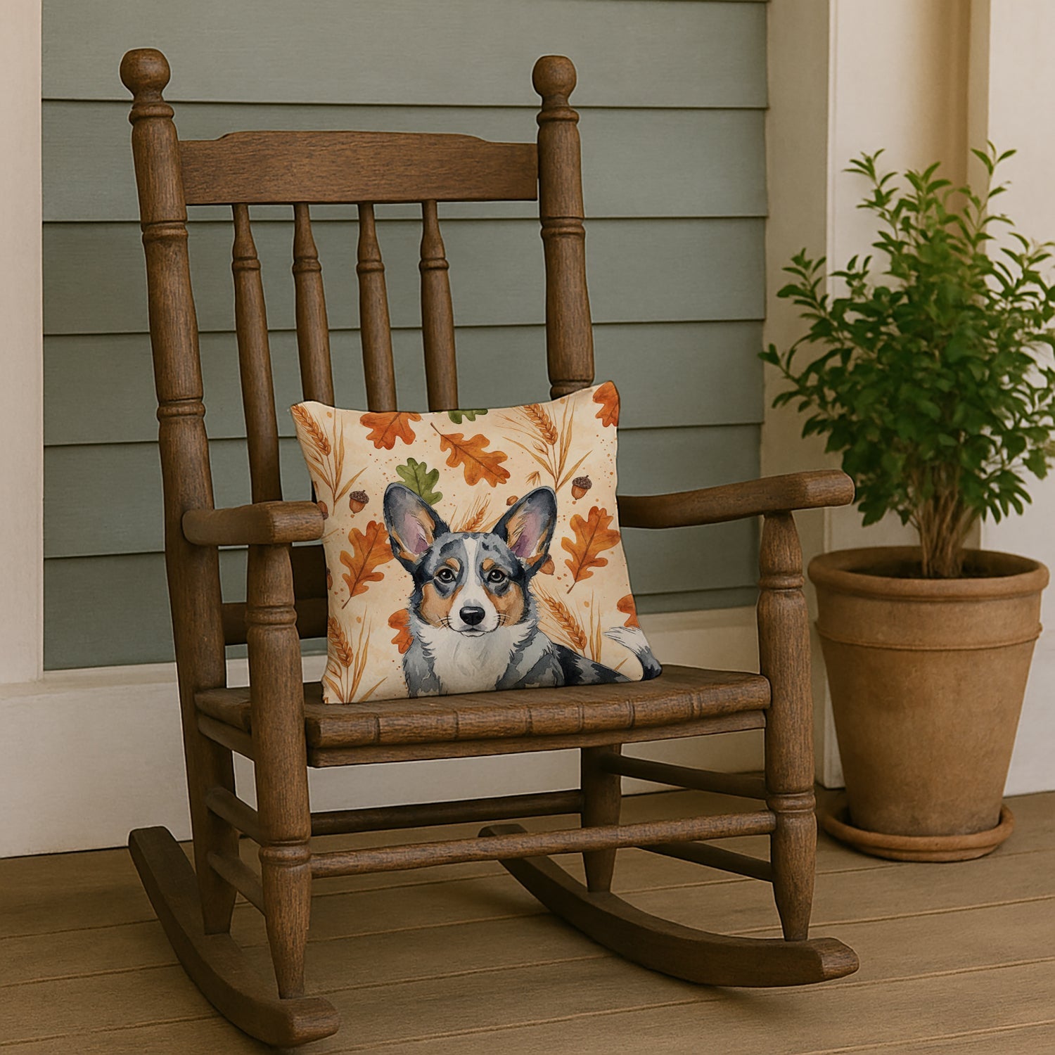 Blue Merle Cardigan Welsh Corgi Heirloom Fall Decorative Throw Pillow 14x14 Indoor Outdoor Accent Cushion, Fabric Cover with Insert for Sofa, Bed, Porch & Living Room