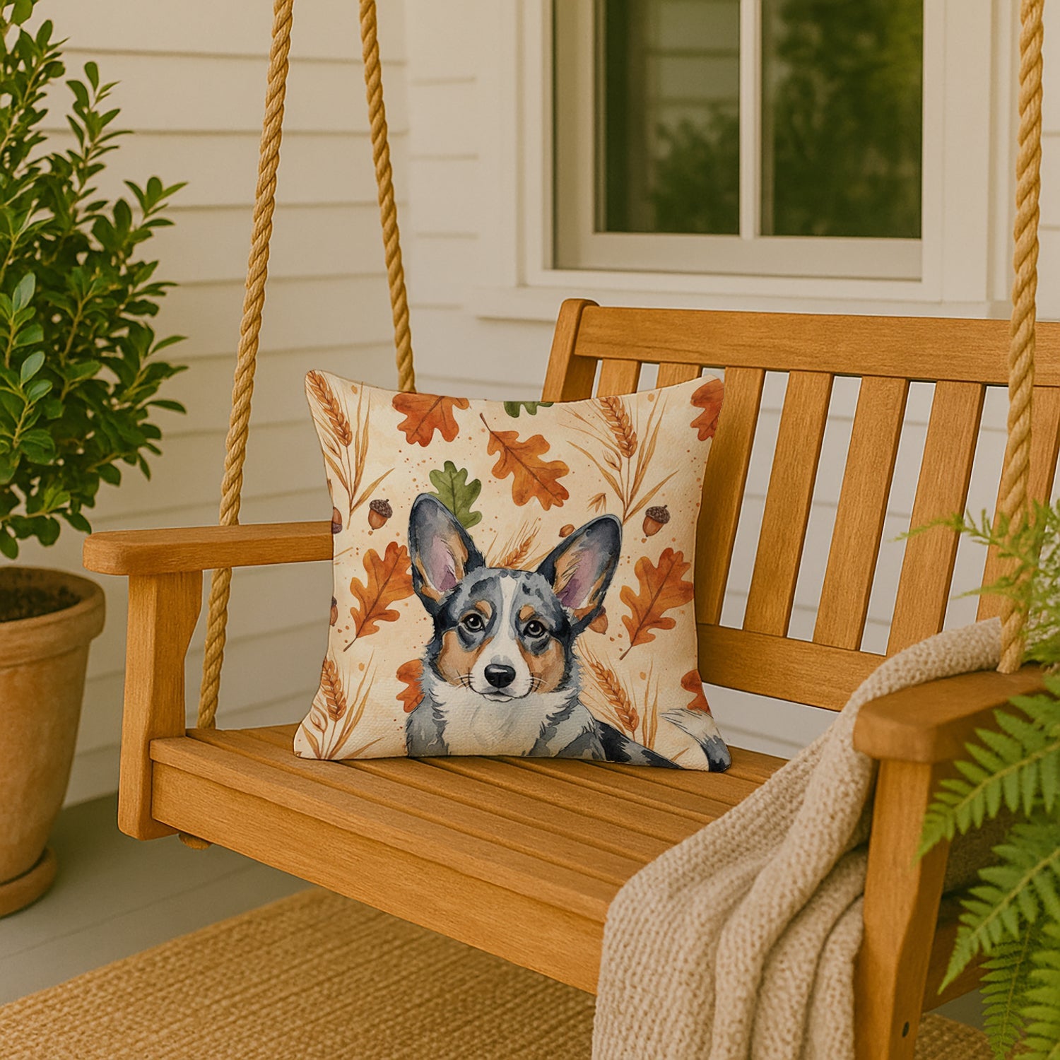 Blue Merle Cardigan Welsh Corgi Heirloom Fall Decorative Throw Pillow 18x18 Indoor Outdoor Accent Cushion, Fabric Cover with Insert for Sofa, Bed, Porch & Living Room