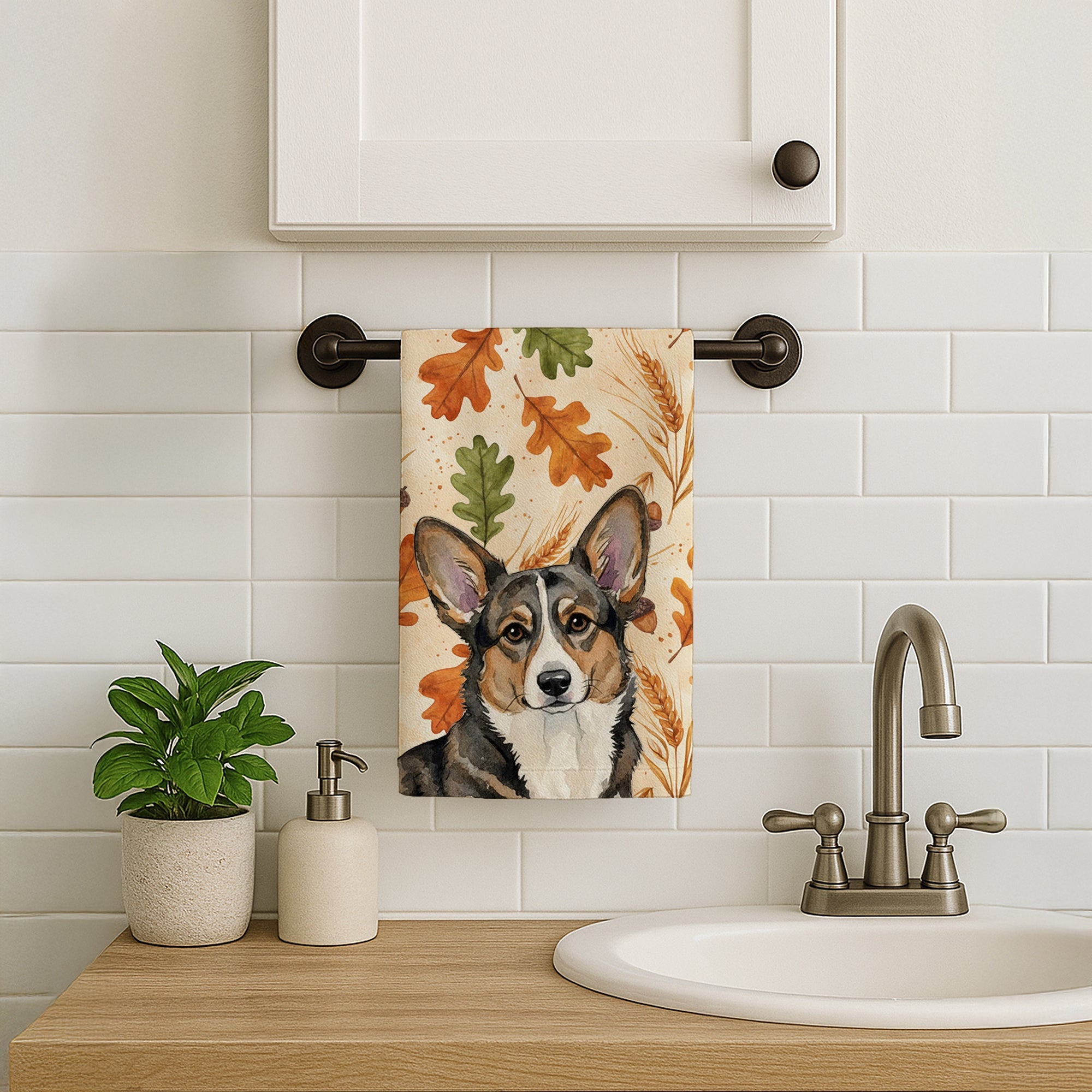 Brindle Cardigan Welsh Corgi Heirloom Fall Kitchen Towel Velour Plush Front and Cotton Loop Back Machine Washable
