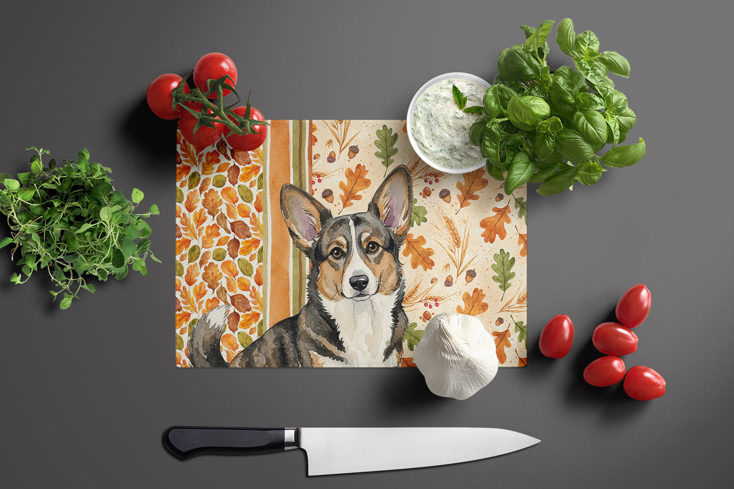 Brindle Cardigan Welsh Corgi Heirloom Fall Cutting Board Tempered Glass Kitchen Cutting Surface, Heat Resistant Chopping, Non-Slip Feet, Food Prep & Serving
