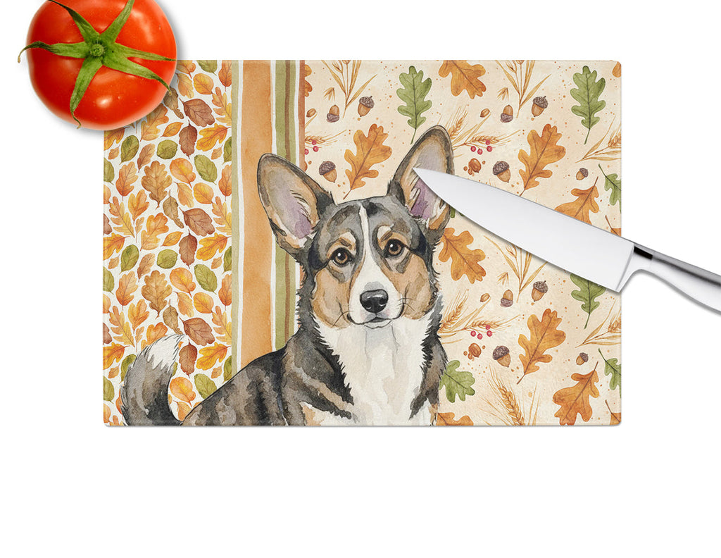Brindle Cardigan Welsh Corgi Heirloom Fall Cutting Board Tempered Glass Kitchen Cutting Surface, Heat Resistant Chopping, Non-Slip Feet, Food Prep & Serving