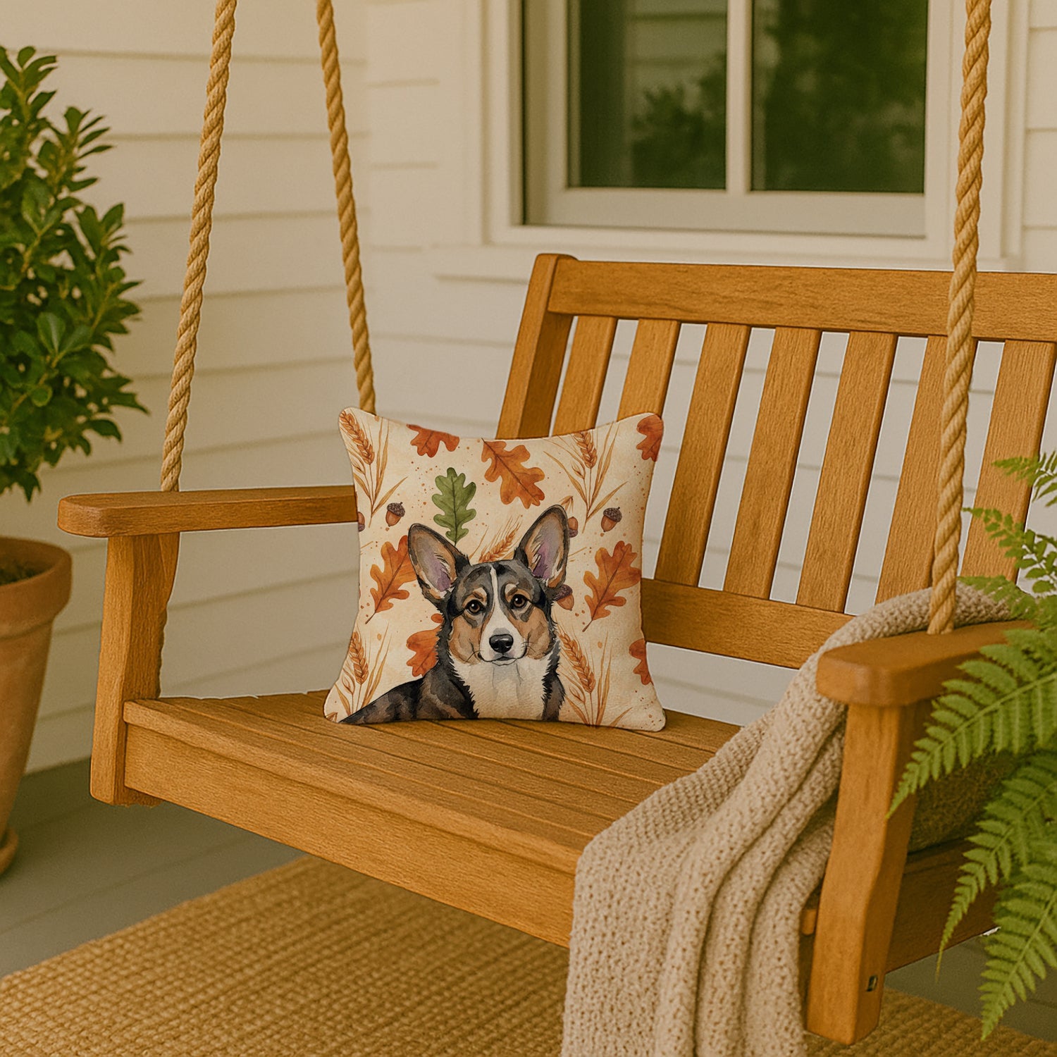 Brindle Cardigan Welsh Corgi Heirloom Fall Decorative Throw Pillow 14x14 Indoor Outdoor Accent Cushion, Fabric Cover with Insert for Sofa, Bed, Porch & Living Room
