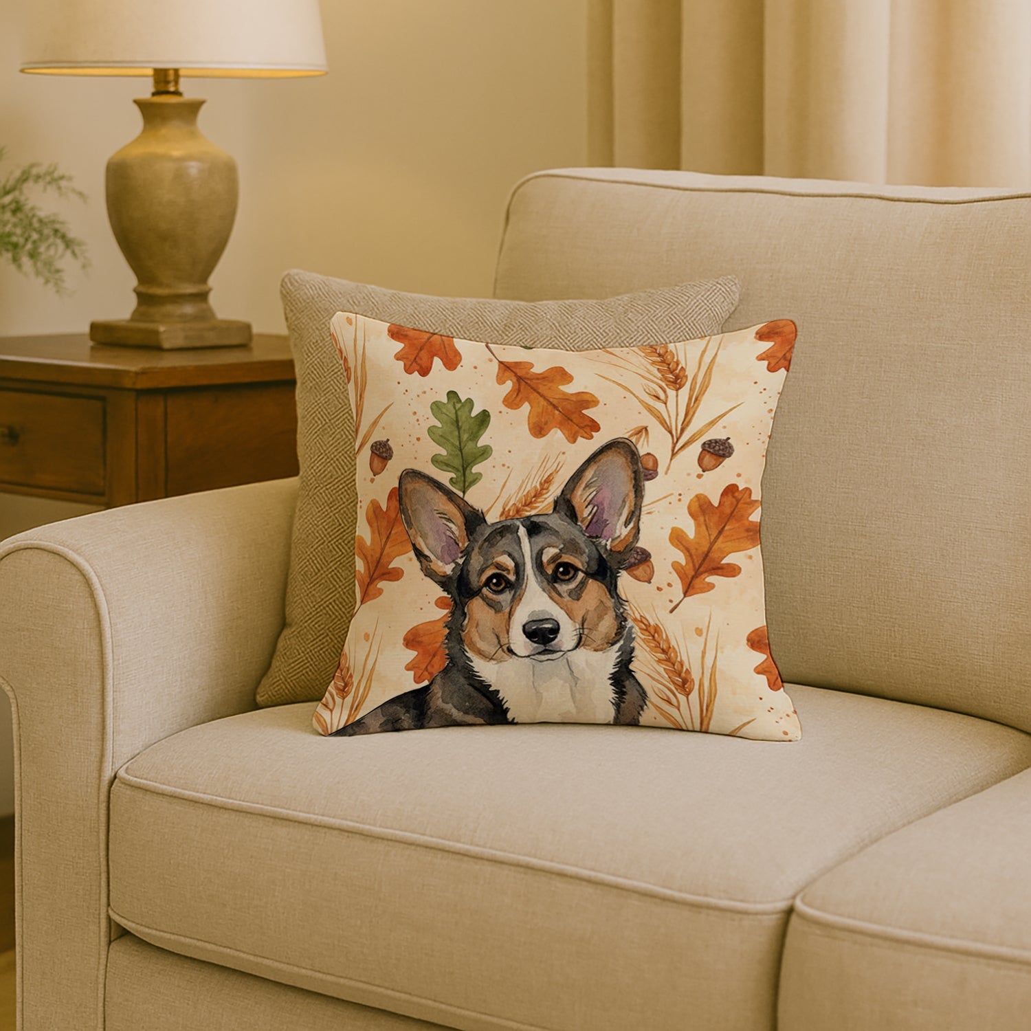Brindle Cardigan Welsh Corgi Heirloom Fall Decorative Throw Pillow 18x18 Indoor Outdoor Accent Cushion, Fabric Cover with Insert for Sofa, Bed, Porch & Living Room