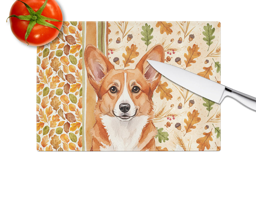 Red Cardigan Welsh Corgi Heirloom Fall Cutting Board Tempered Glass Kitchen Cutting Surface, Heat Resistant Chopping, Non-Slip Feet, Food Prep & Serving