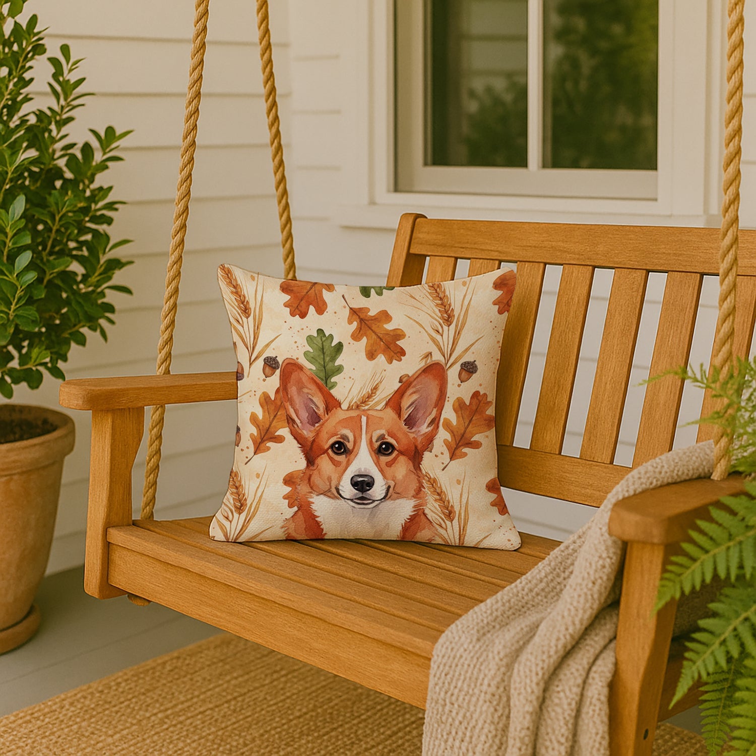 Red Cardigan Welsh Corgi Heirloom Fall Decorative Throw Pillow 18x18 Indoor Outdoor Accent Cushion, Fabric Cover with Insert for Sofa, Bed, Porch & Living Room